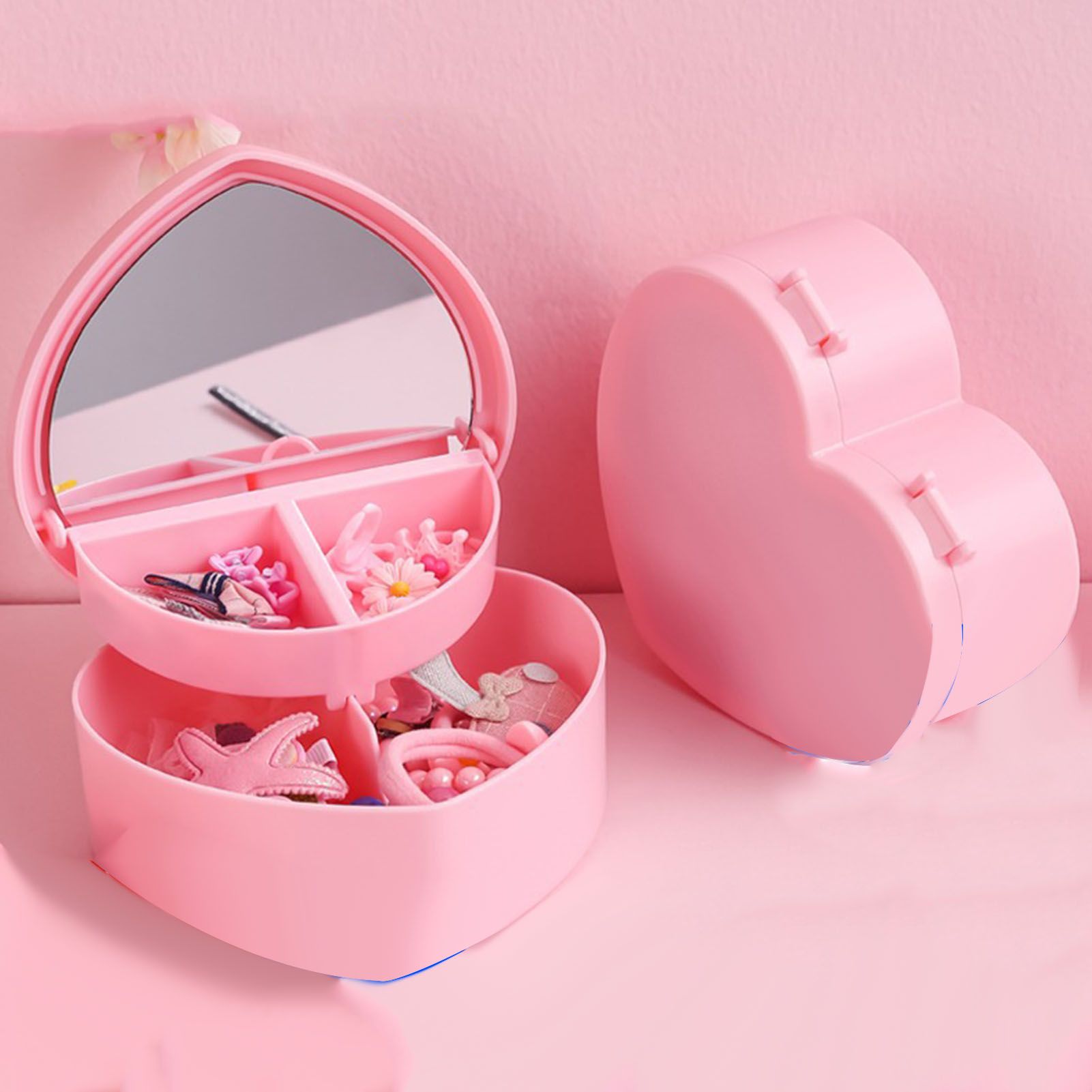 Heart Shaped Jewelry Box Plastic Dual Layer Pink Earrings Rings Storage view 8