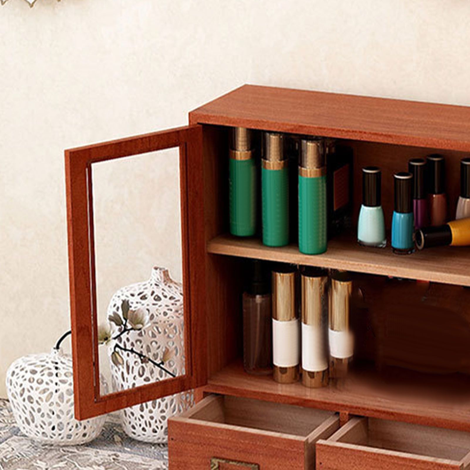 Wooden Desk Organizer Multipurpose Vintage Solid Wood Vanity Makeup Storage view 7