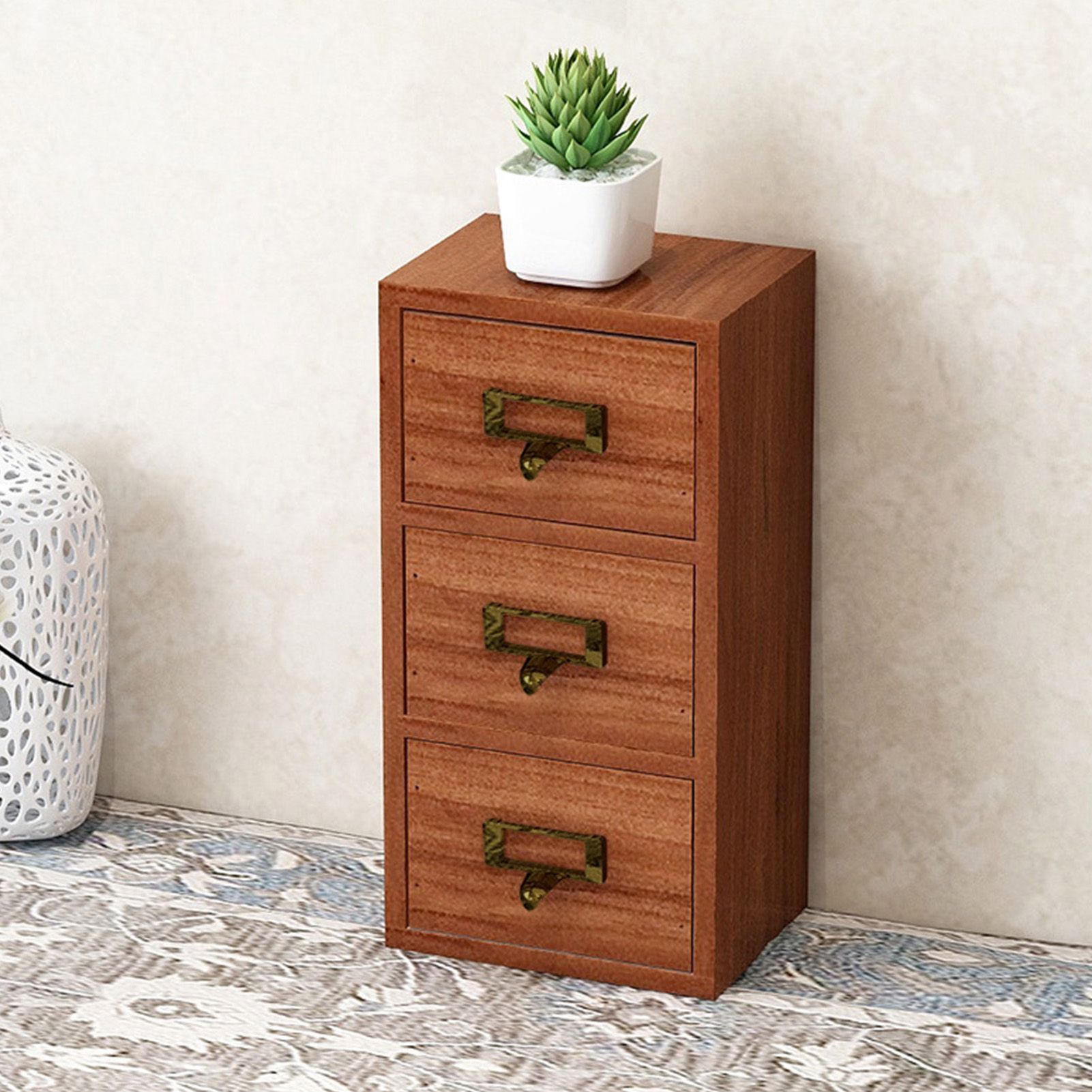 Jewelry Box with 3 Drawers Wooden Retro Desktop Storage Organizer Cabinet for view 7