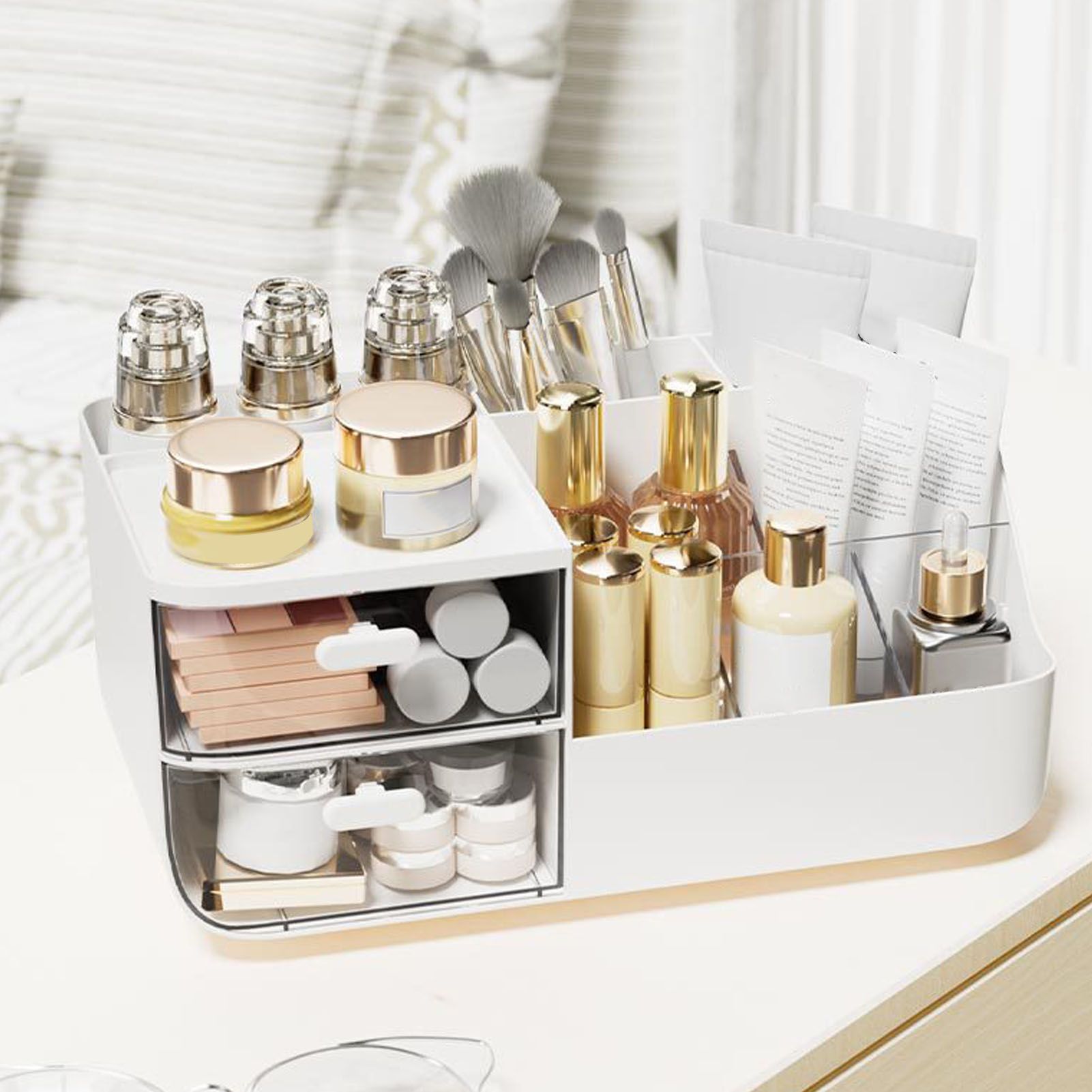 Makeup Organizer Multifunctional Skincare Cosmetic Storage with 2 Drawers for view 8