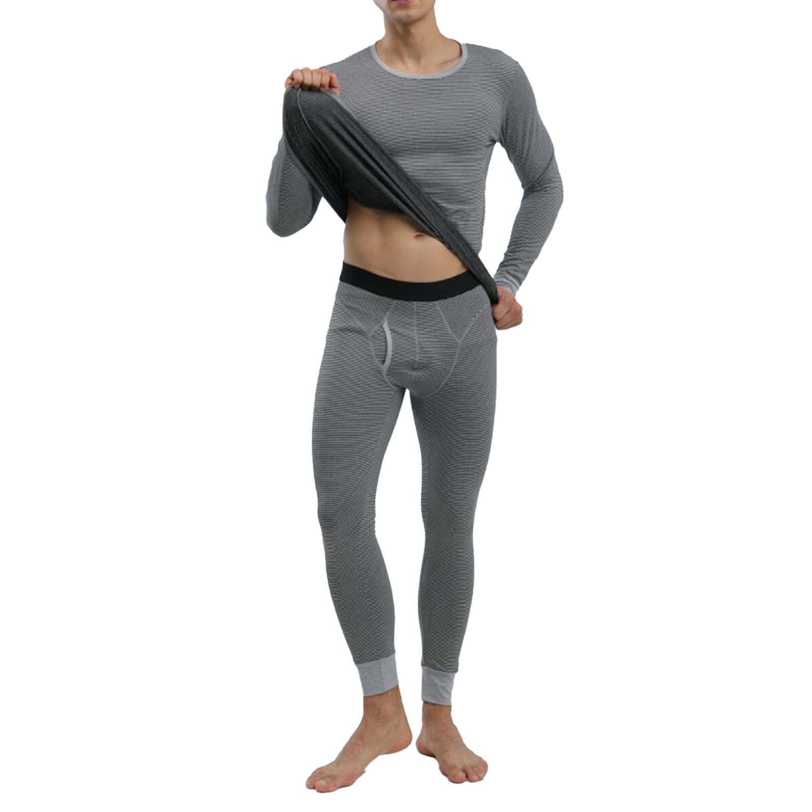 Thermal Underwear Set for Men Knit Horizontal Stripe Winter Warm Base Layer