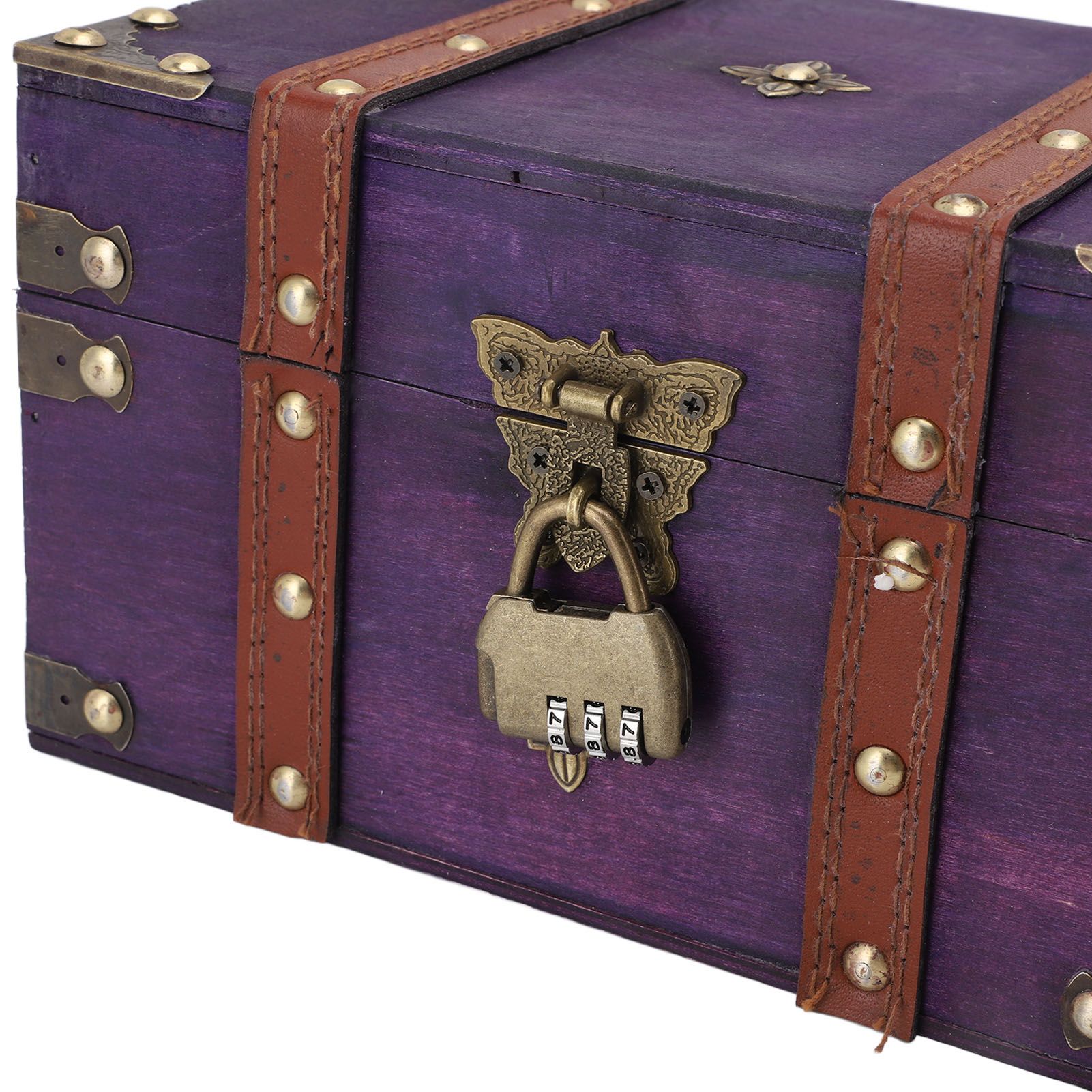 Vintage Wooden Treasure Chest Box with Lock Rectangle Antique Wood Jewelry view 2