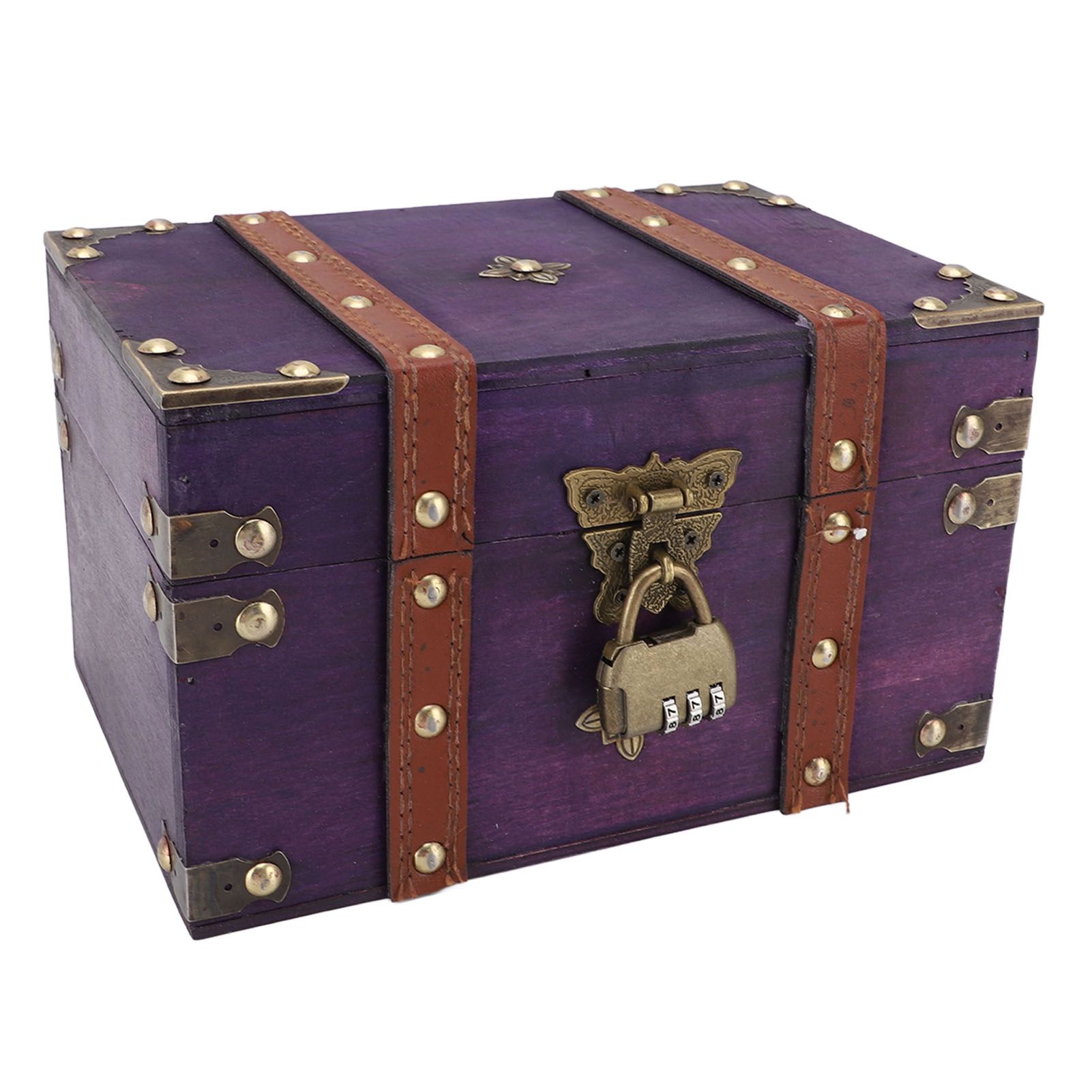 Vintage Wooden Treasure Chest Box with Lock Rectangle Antique Wood Jewelry view 4