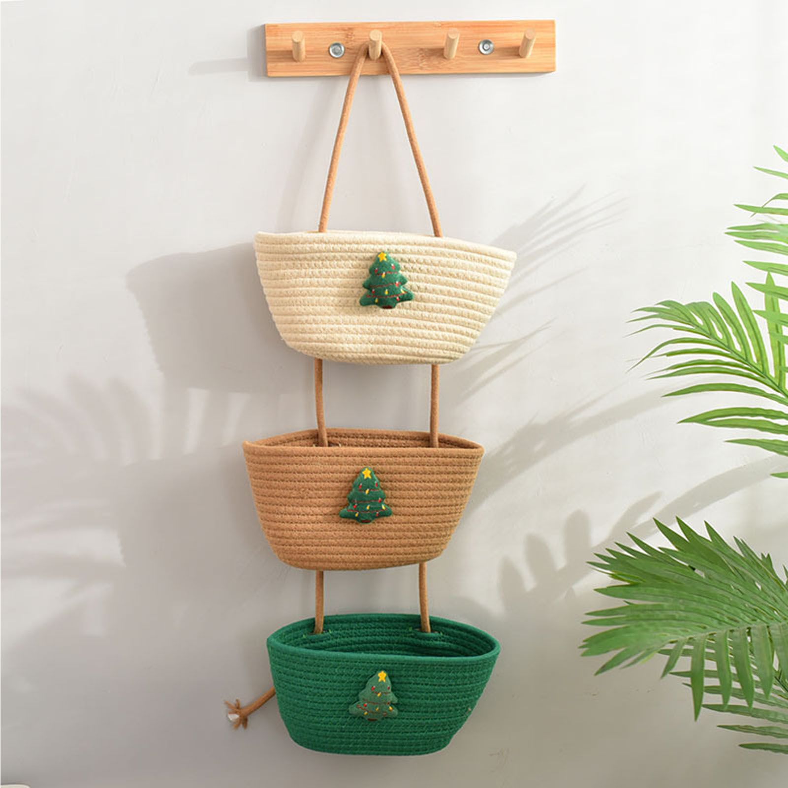 3 Tier Hanging Storage Basket Detachable Cotton Rope Hanging Organizer with — image 1