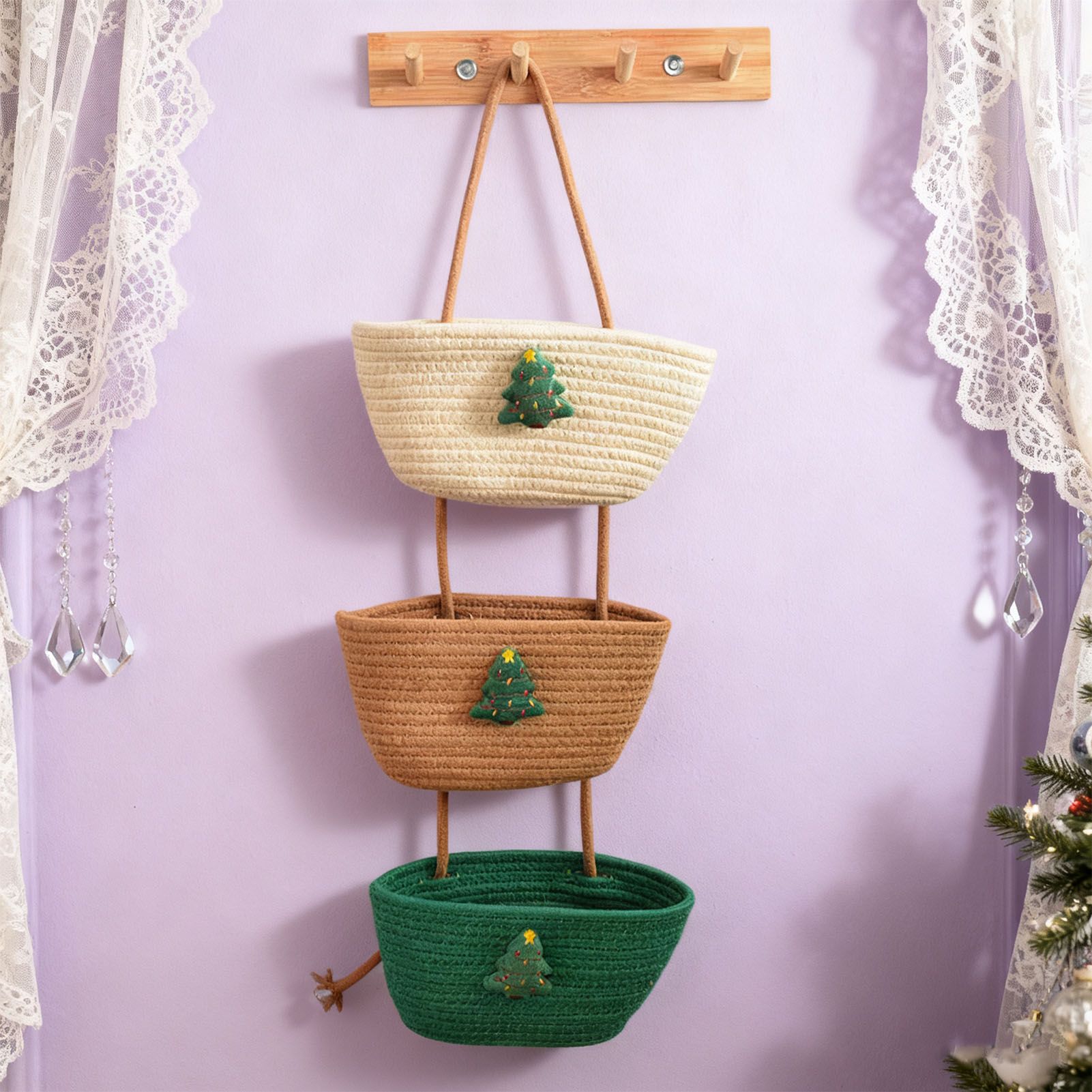 3 Tier Hanging Storage Basket Detachable Cotton Rope Hanging Organizer with view 5