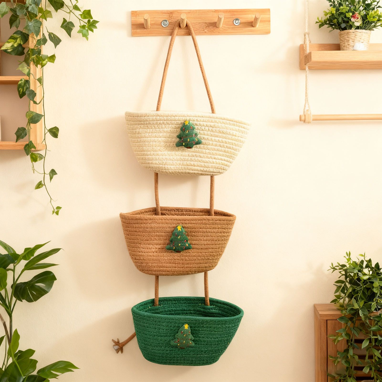 3 Tier Hanging Storage Basket Detachable Cotton Rope Hanging Organizer with view 6