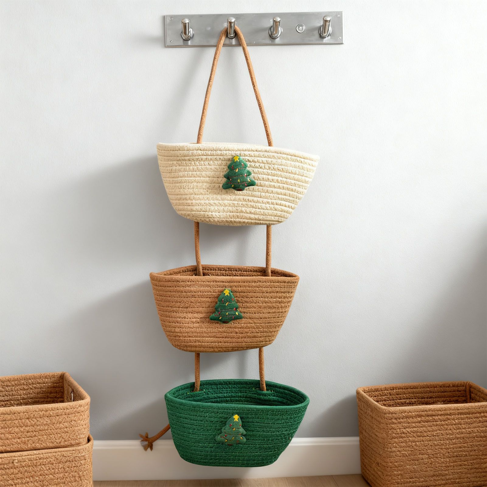 3 Tier Hanging Storage Basket Detachable Cotton Rope Hanging Organizer with view 12