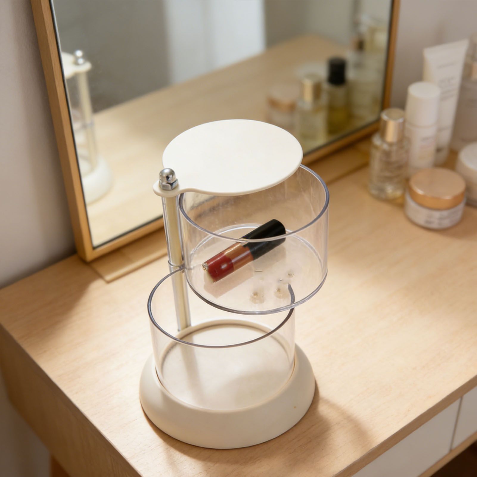 Makeup Sponge Storage Box 2 Tier PET Clear Round Rotating Makeup Blender view 6