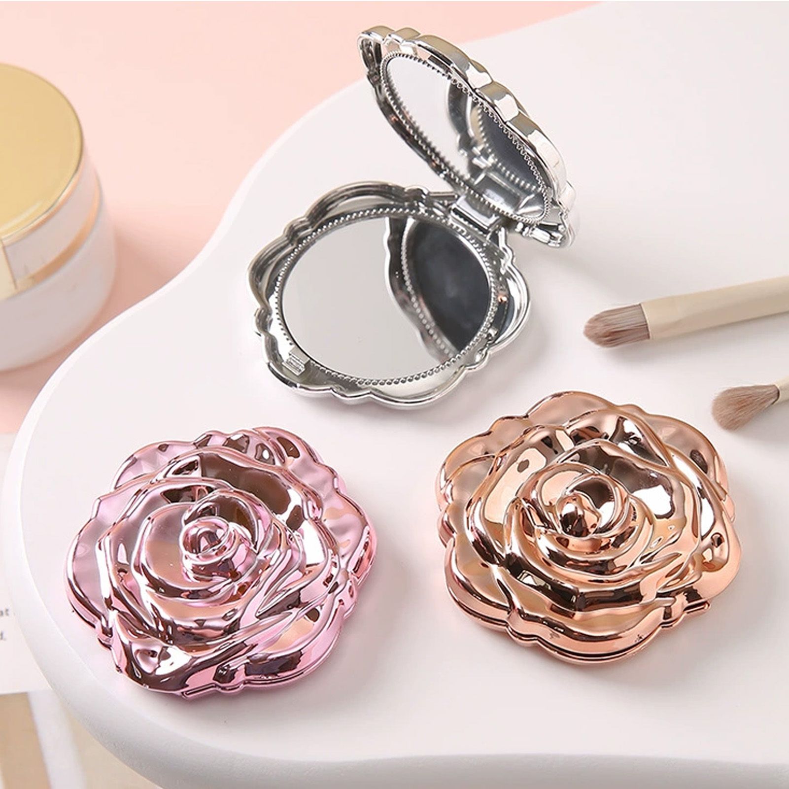 3PCS Pocket Mirror for Women PP Electroplated Rose Double Sided Portable view 12