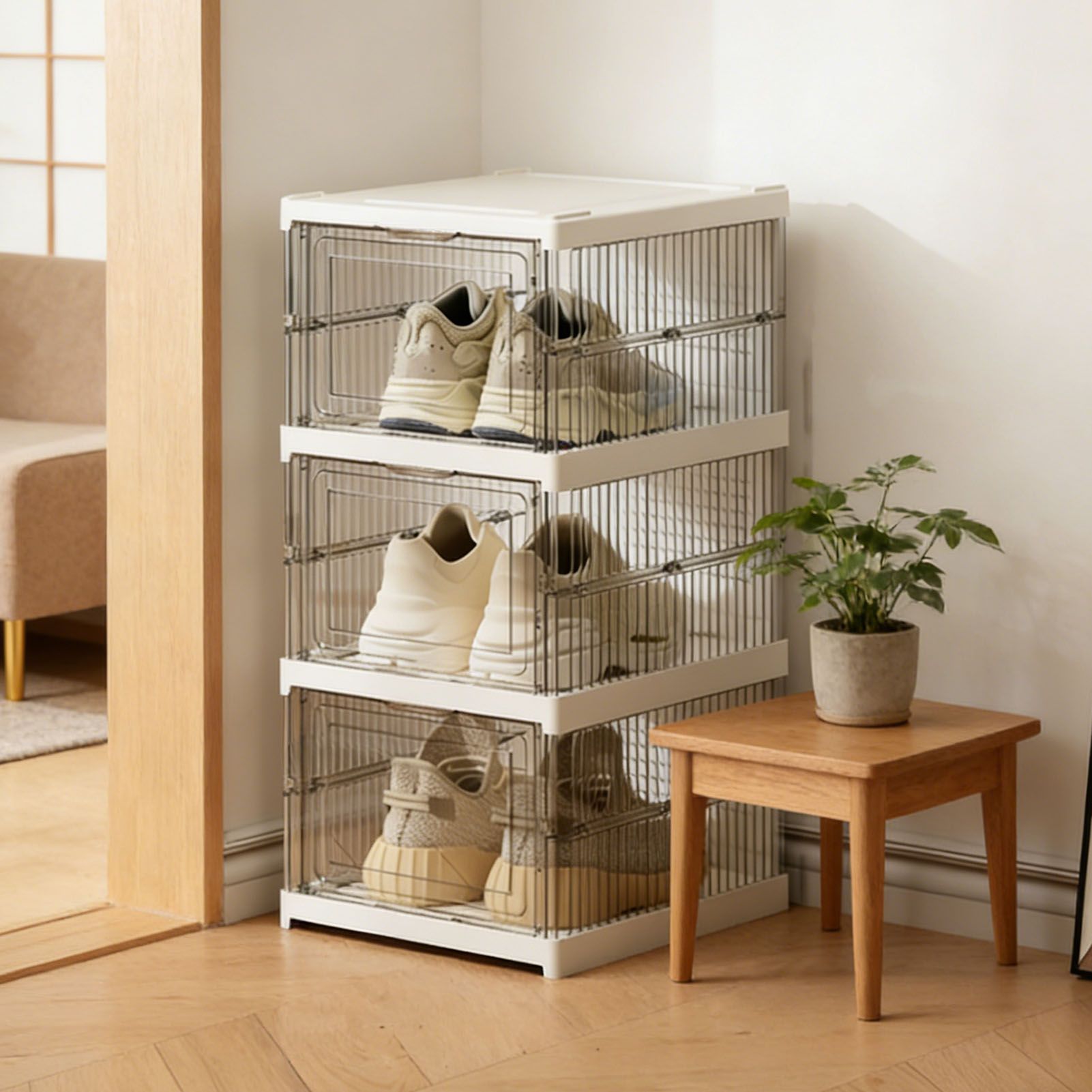 Shoe Storage Box Clear Plastic Stackable Shoe Organizer Space Saving Foldable view 10