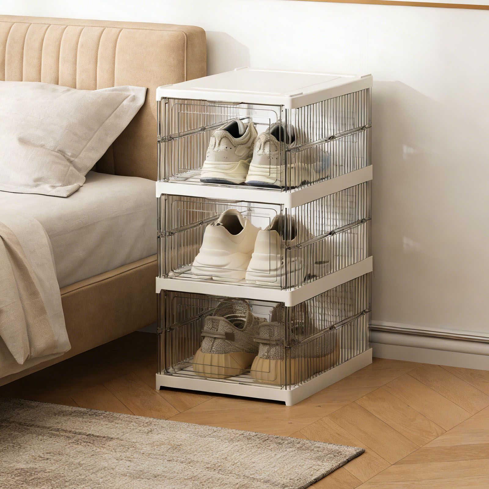 Shoe Storage Box Clear Plastic Stackable Shoe Organizer Space Saving Foldable view 11