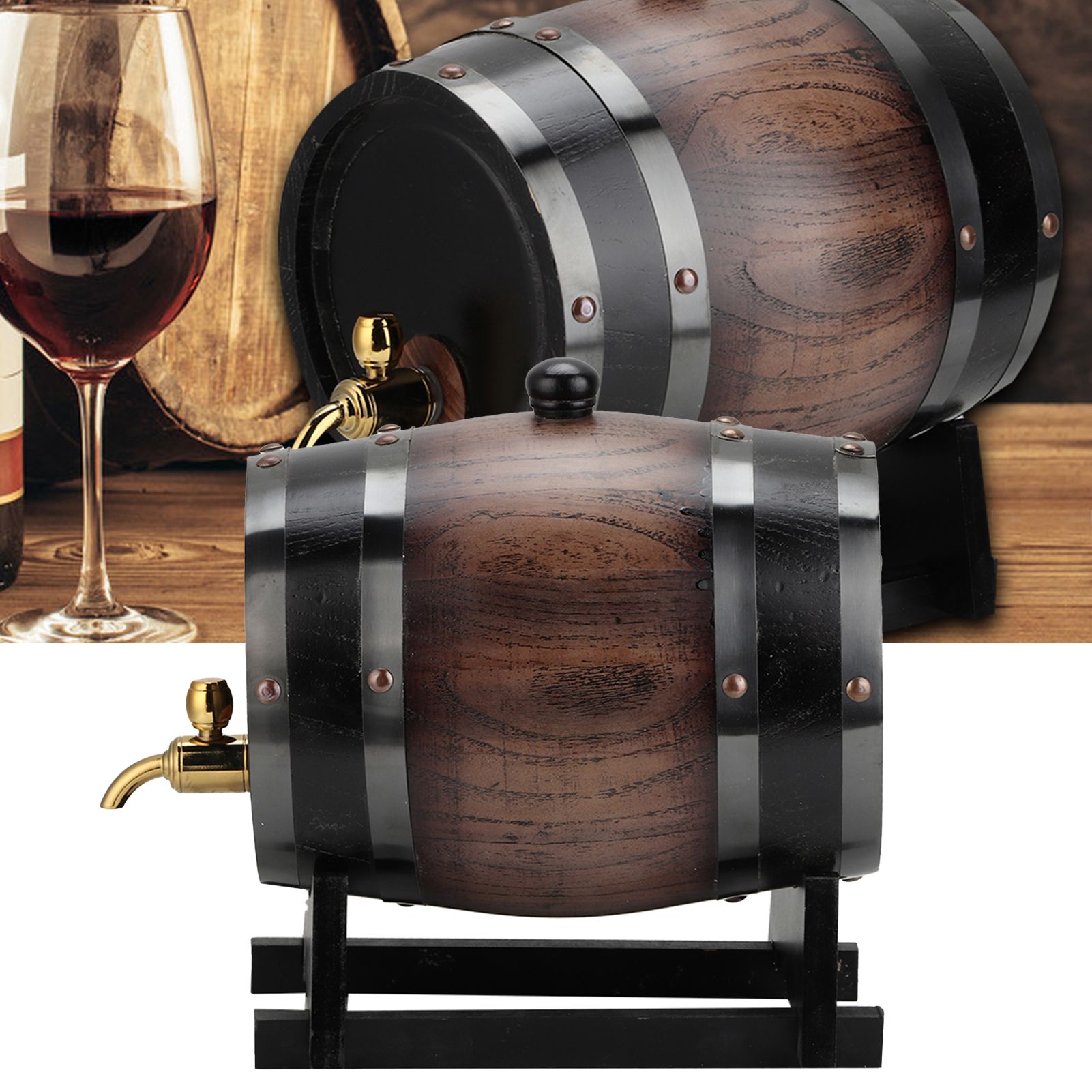 3L Vintage Striped Black Oak Red Wine Barrel Keg Bucket Container with Faucet view 11