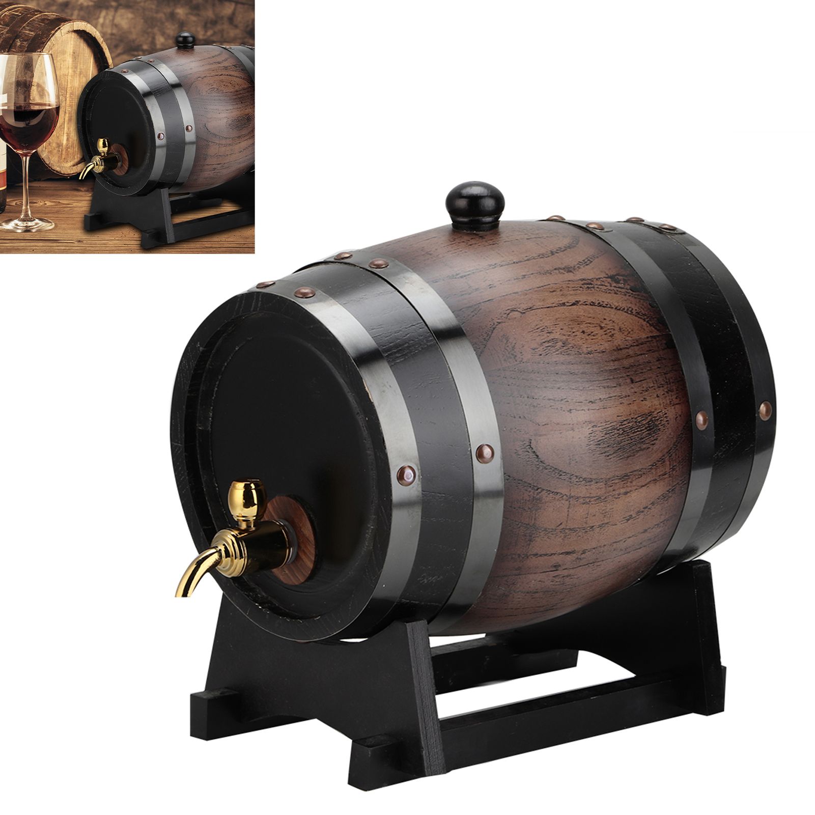3L Vintage Striped Black Oak Red Wine Barrel Keg Bucket Container with Faucet view 12