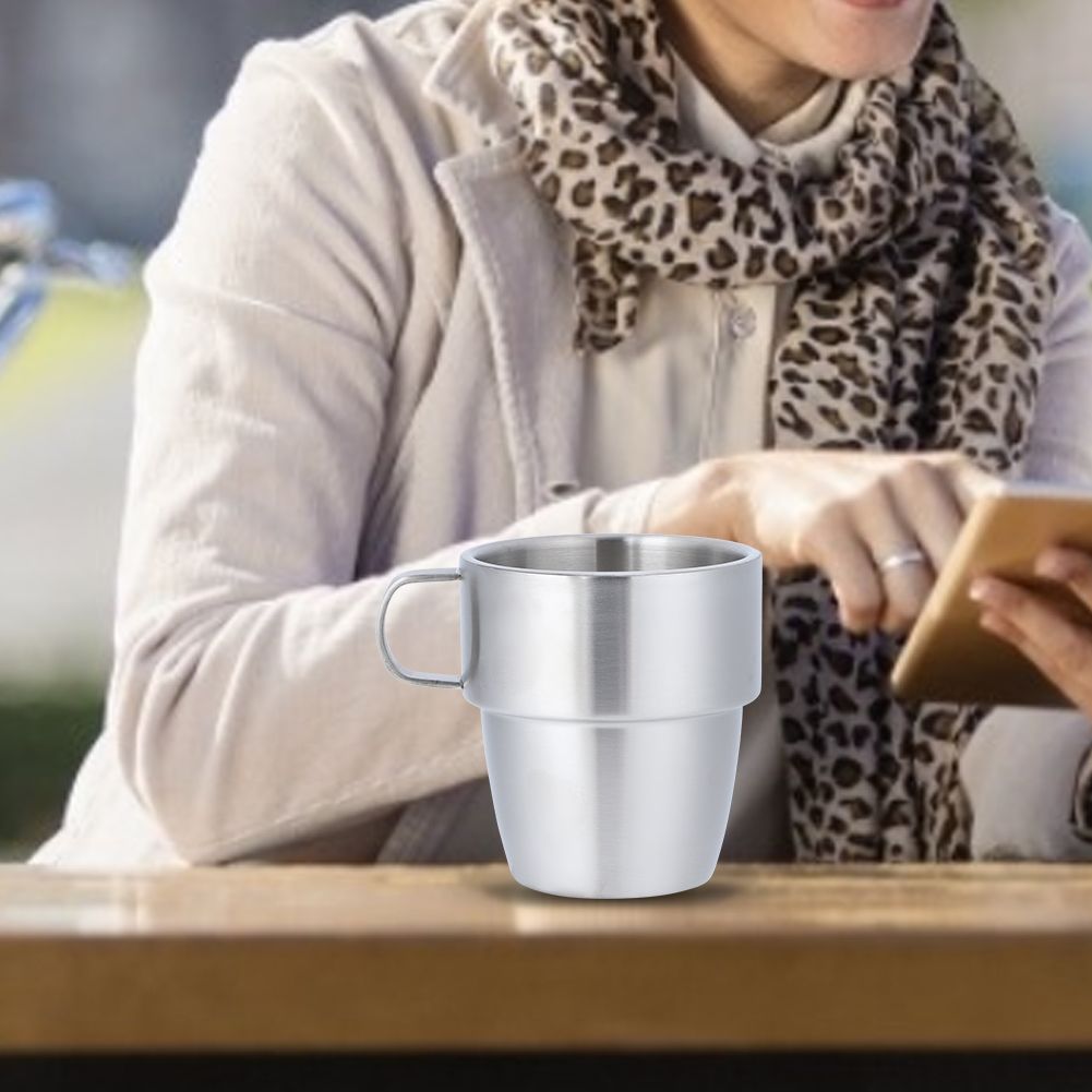 Household 304 Stainless Steel Double Layer Coffee Cup Mug with Handle for view 3