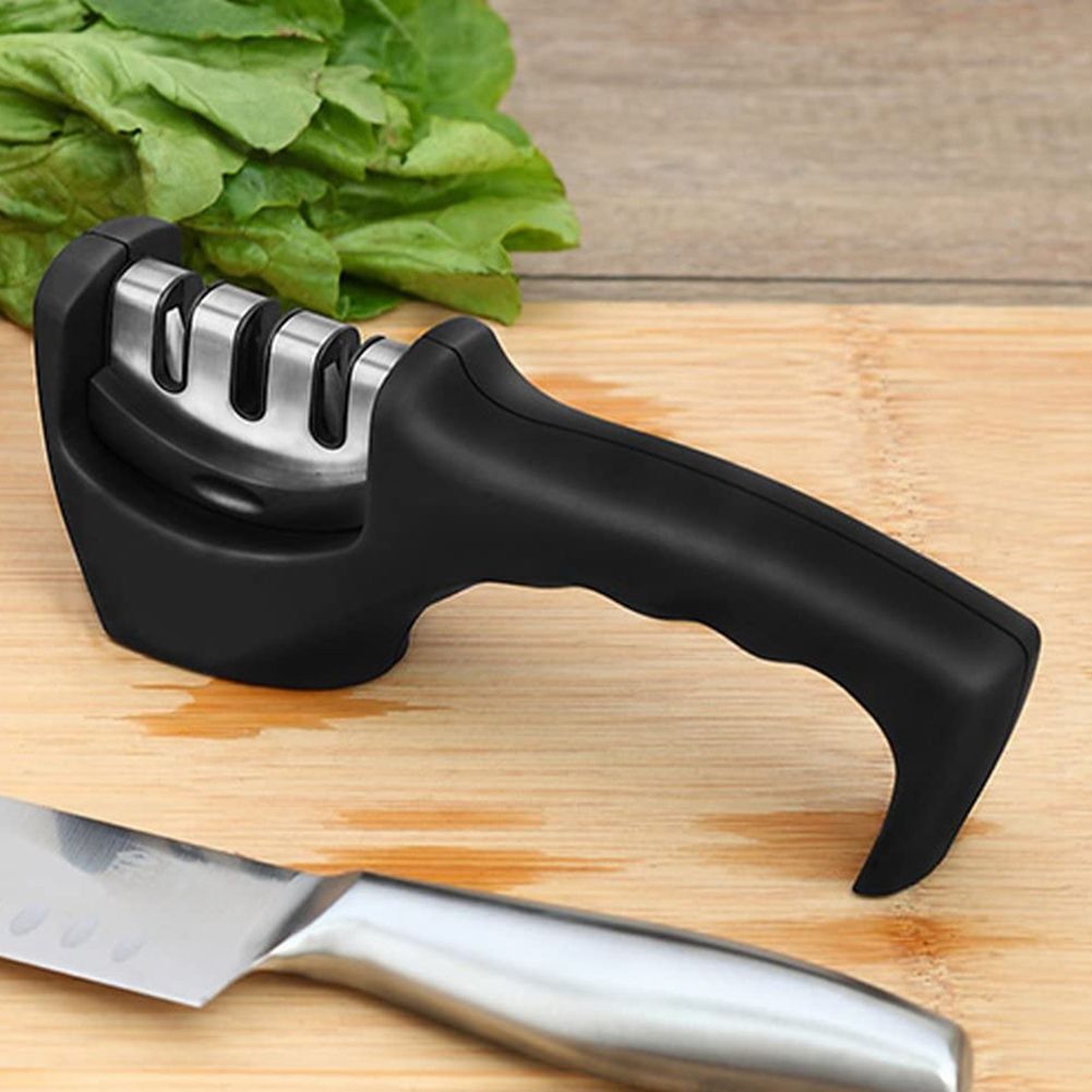 Black Thicken 3 Stage Manual Cutting Knife Sharpener Kitchen Grinding view 3