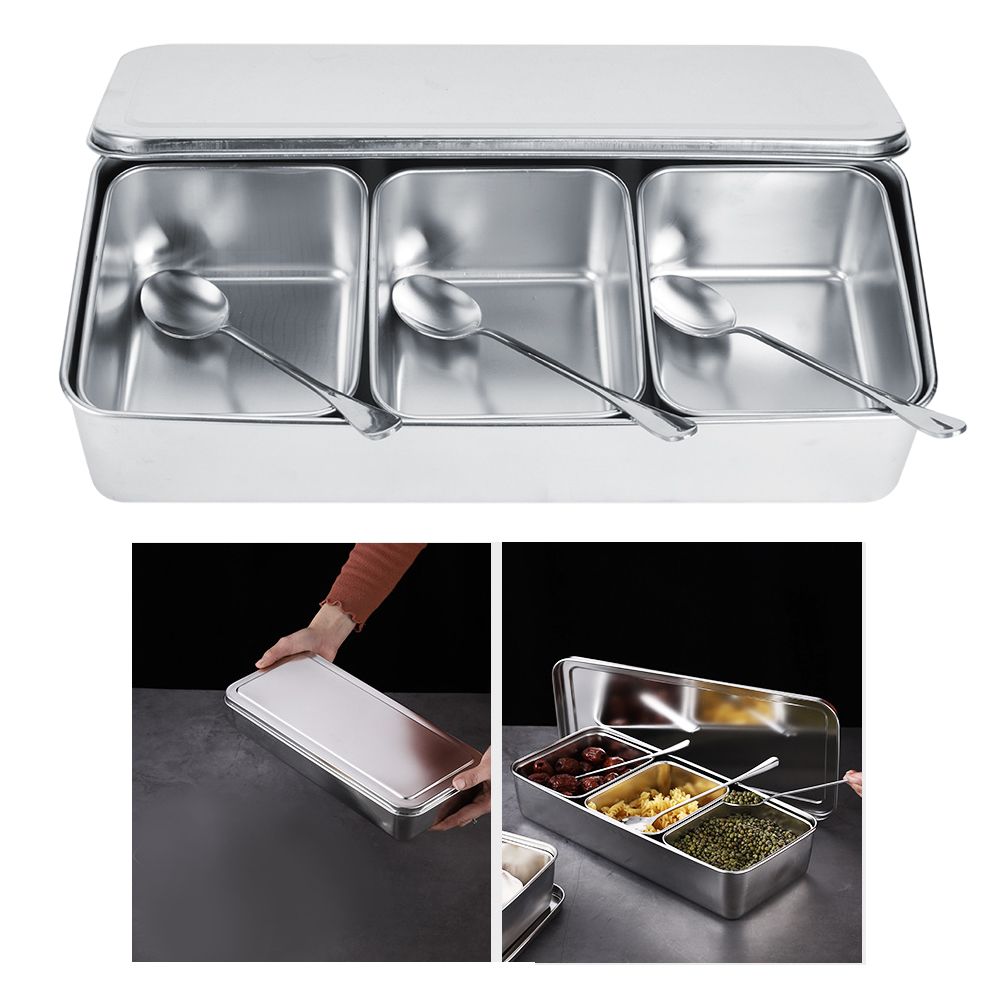 Household 3‑Grid Stainless Steel Seasoning Box Jar Spice Container Set with