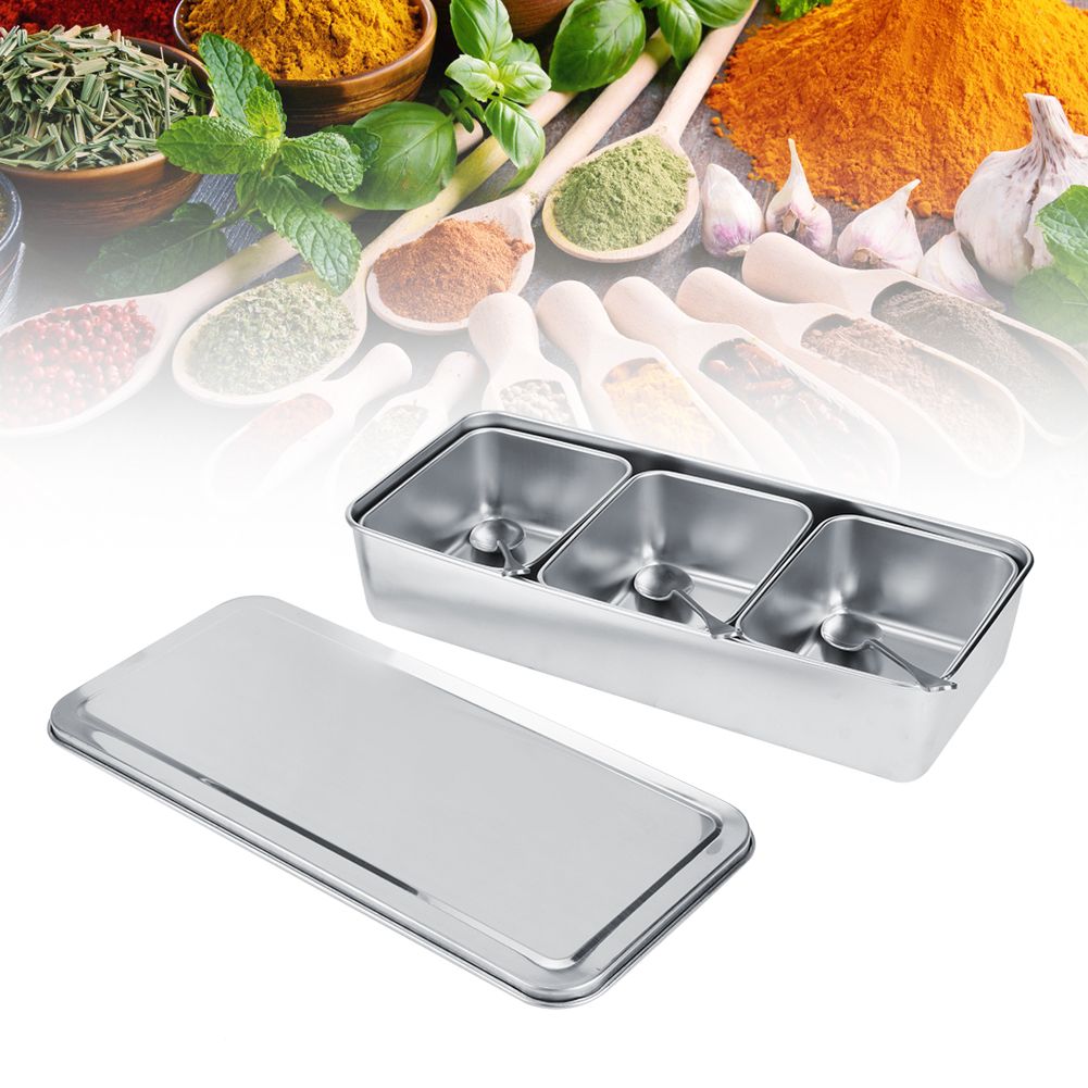 Household 3‑Grid Stainless Steel Seasoning Box Jar Spice Container Set with view 3