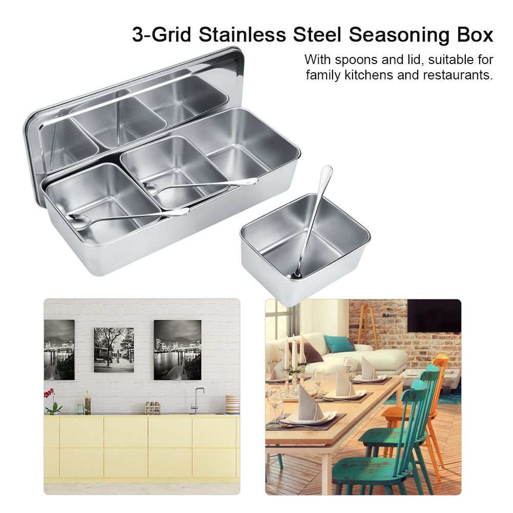 Household 3‑Grid Stainless Steel Seasoning Box Jar Spice Container Set with view 12