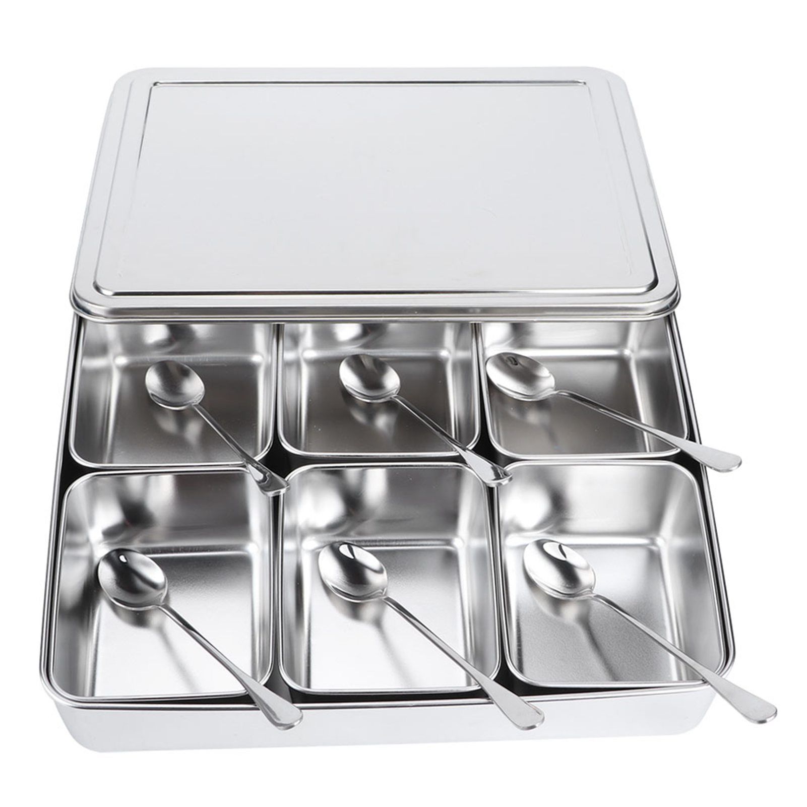 6‑Grid Stainless Steel Seasoning Box Jar Storage Container Set with Spoons view 2