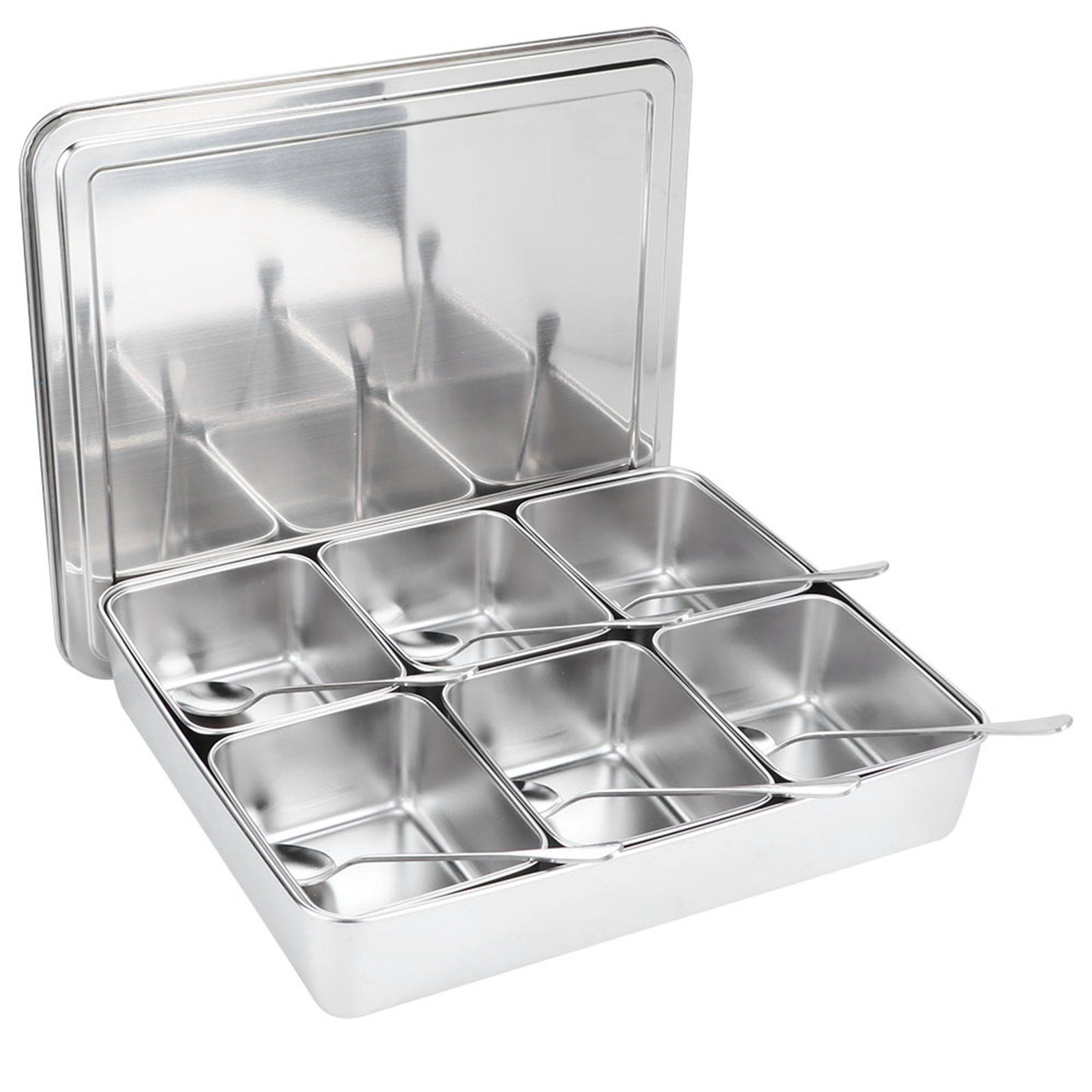 6‑Grid Stainless Steel Seasoning Box Jar Storage Container Set with Spoons view 3