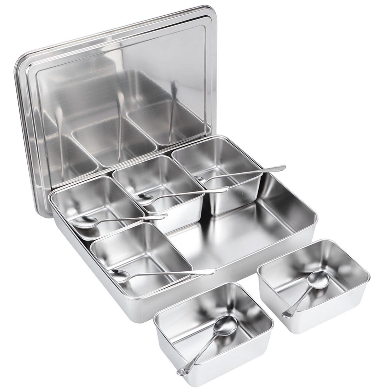 6‑Grid Stainless Steel Seasoning Box Jar Storage Container Set with Spoons view 4