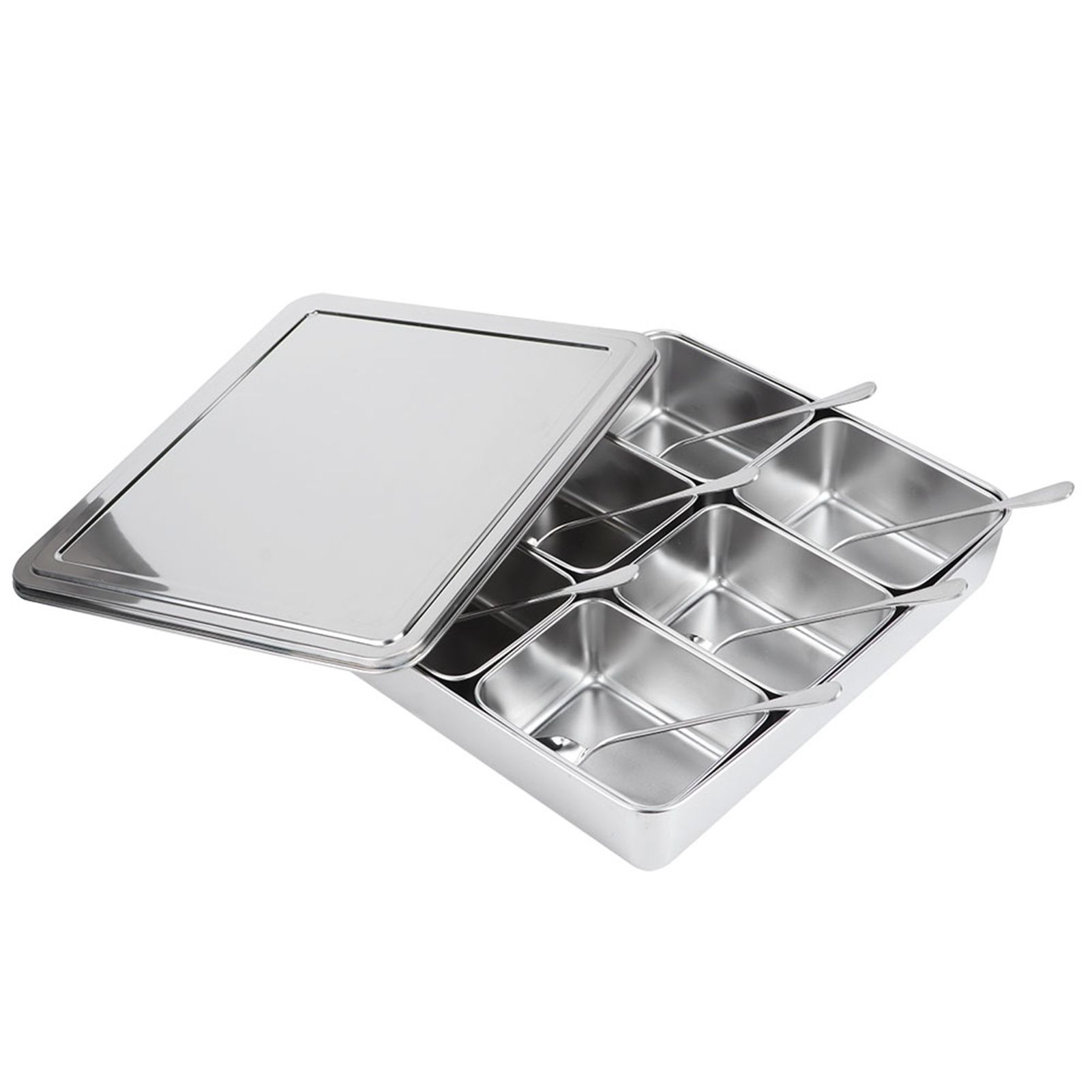 6‑Grid Stainless Steel Seasoning Box Jar Storage Container Set with Spoons view 5