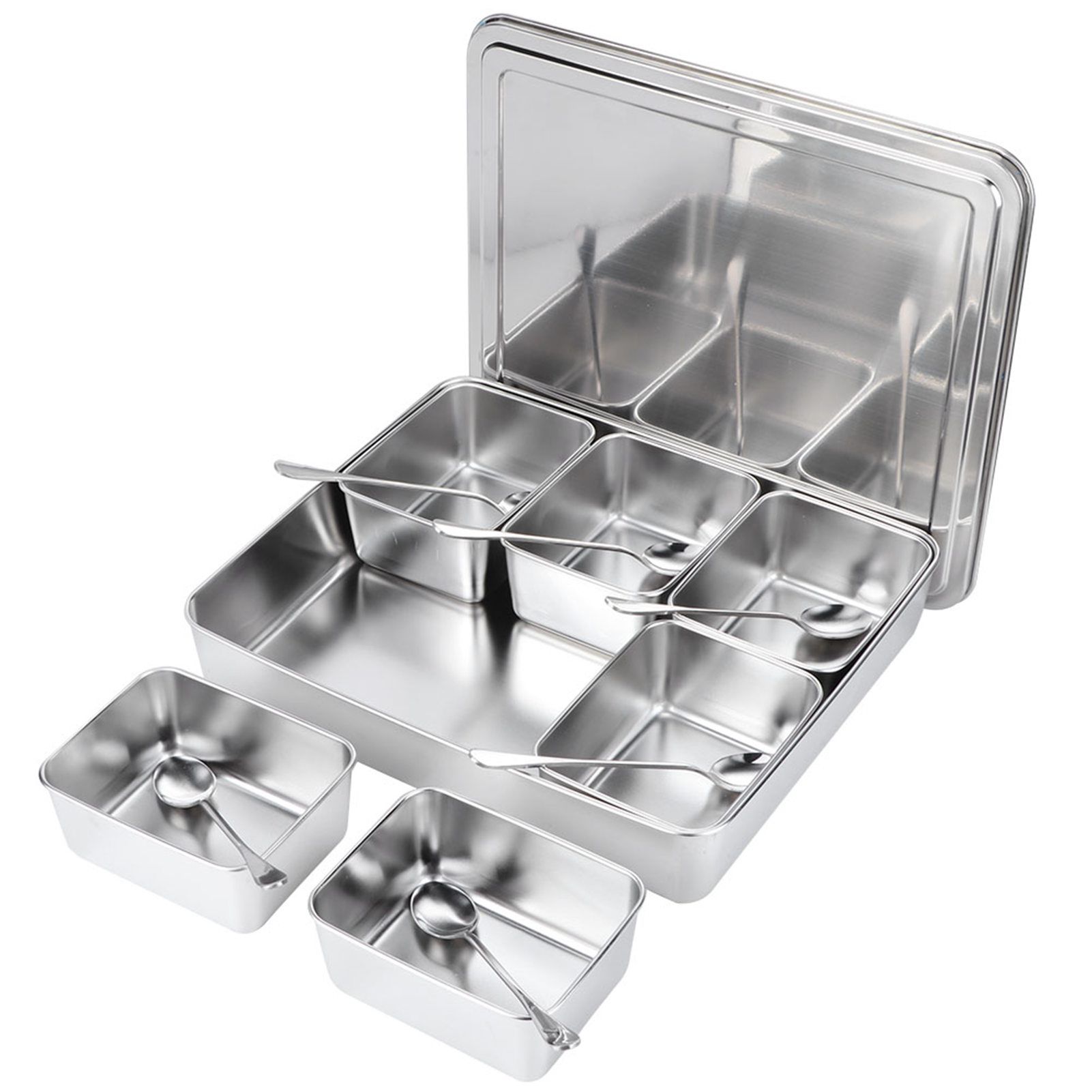 6‑Grid Stainless Steel Seasoning Box Jar Storage Container Set with Spoons view 6