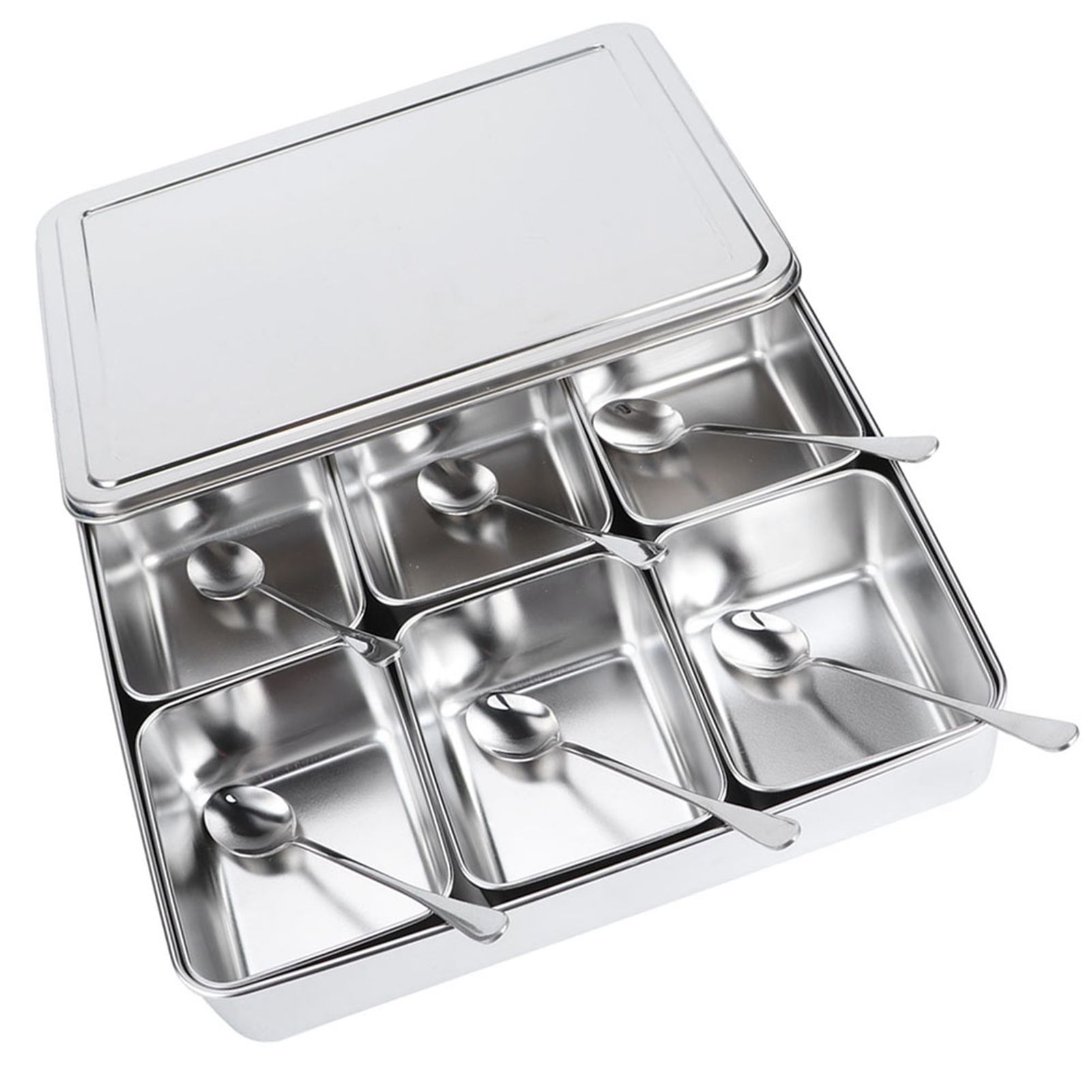 6‑Grid Stainless Steel Seasoning Box Jar Storage Container Set with Spoons view 10