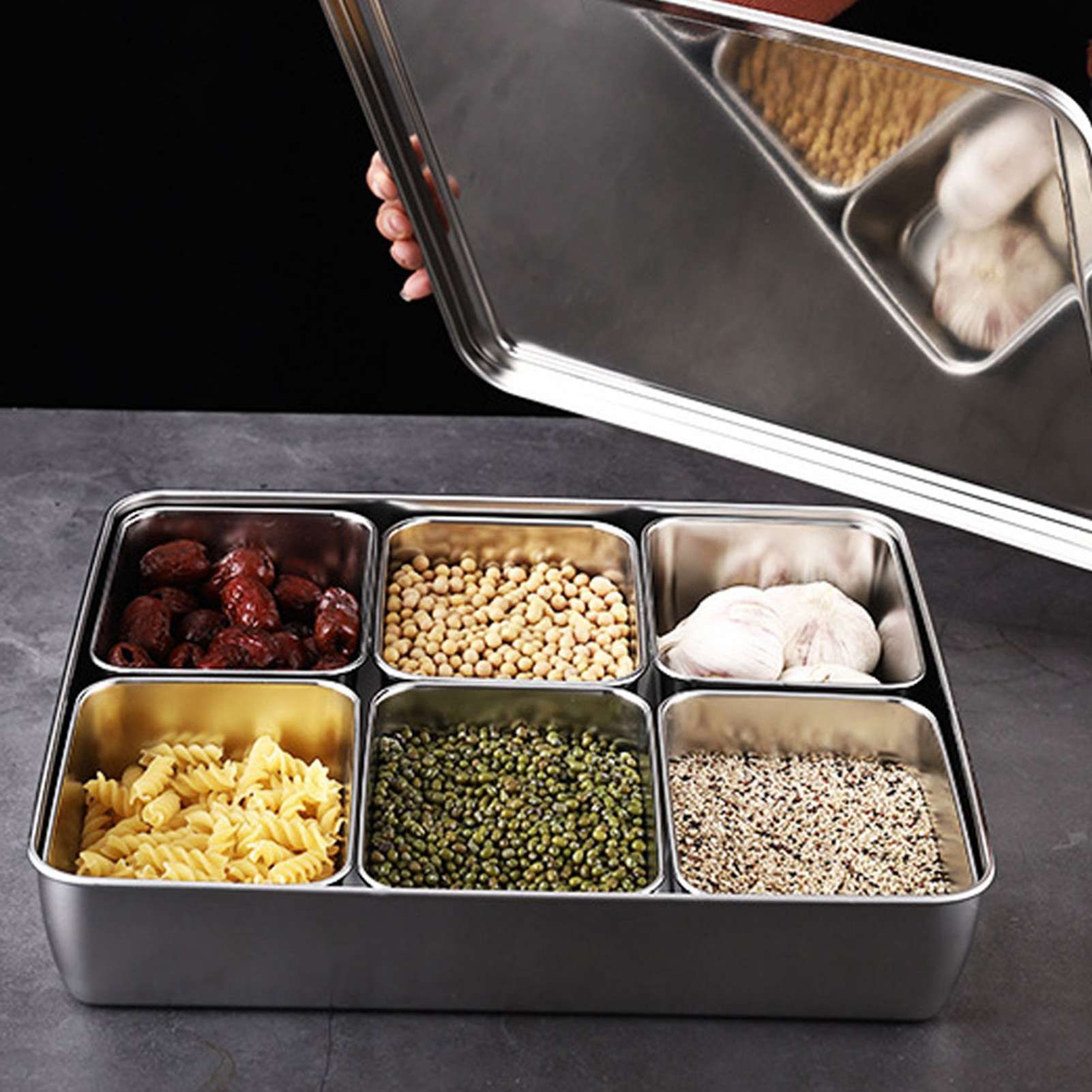 6‑Grid Stainless Steel Seasoning Box Jar Storage Container Set with Spoons view 11