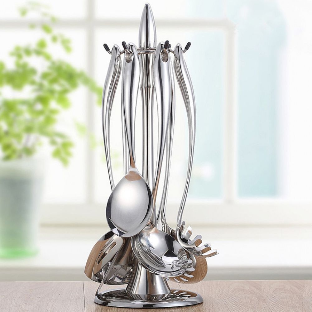 Stainless Steel Cooking Utensil Stand Kitchenware Spatula Scoop Spoon Rotating view 7