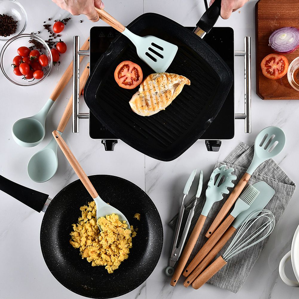 12Pcs Light Green Silicone Cooking Utensils NonStick Kitchenware Set with view 12