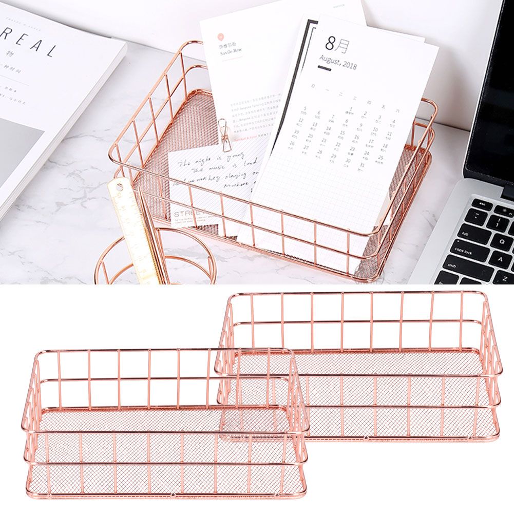2PCS Nordic Simple Rose Gold Wrought Iron Storage Basket Desktop Organizer view 9