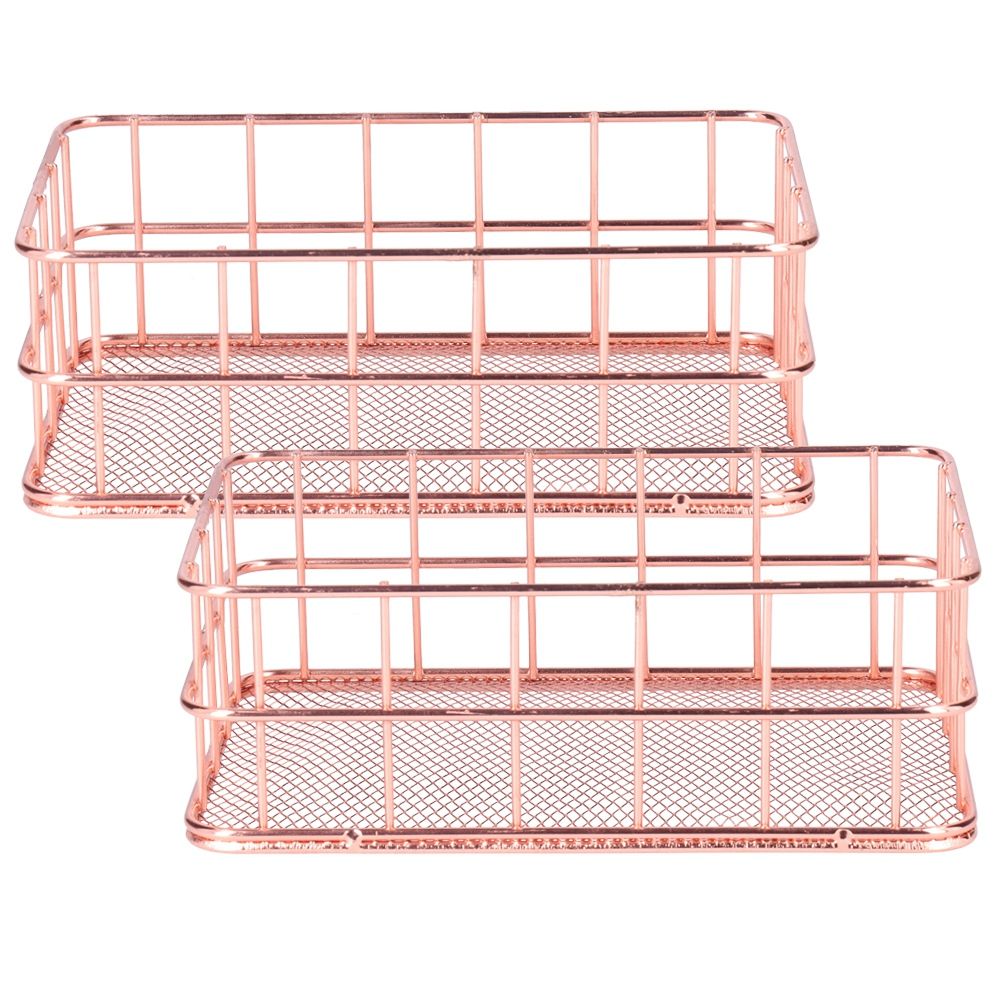 2PCS Nordic Simple Rose Gold Wrought Iron Storage Basket Desktop Organizer view 3