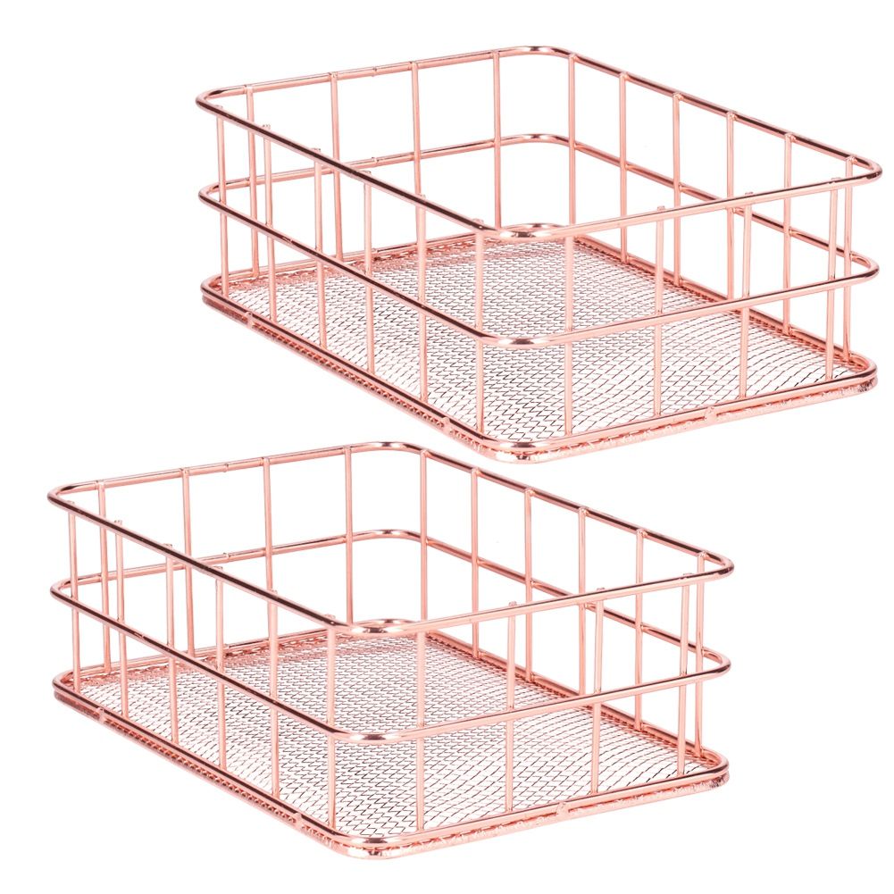 2PCS Nordic Simple Rose Gold Wrought Iron Storage Basket Desktop Organizer view 4