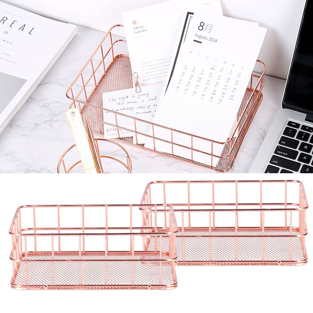 2PCS Nordic Simple Rose Gold Wrought Iron Storage Basket Desktop Organizer view 9
