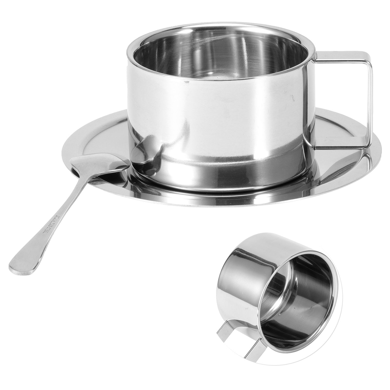 3Pcs/Set 304 Stainless Steel Coffee Cup Double Wall Coffee Mug Spoon Saucer view 7