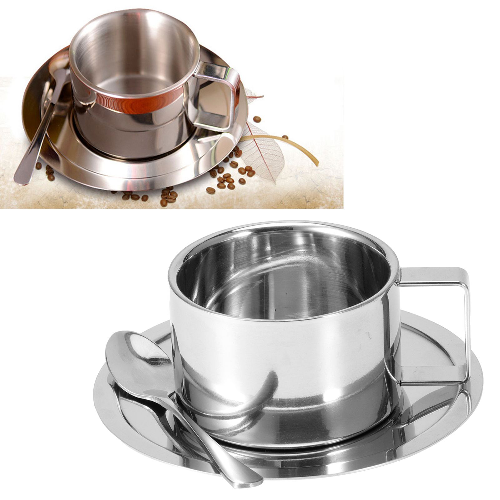 3Pcs/Set 304 Stainless Steel Coffee Cup Double Wall Coffee Mug Spoon Saucer view 9