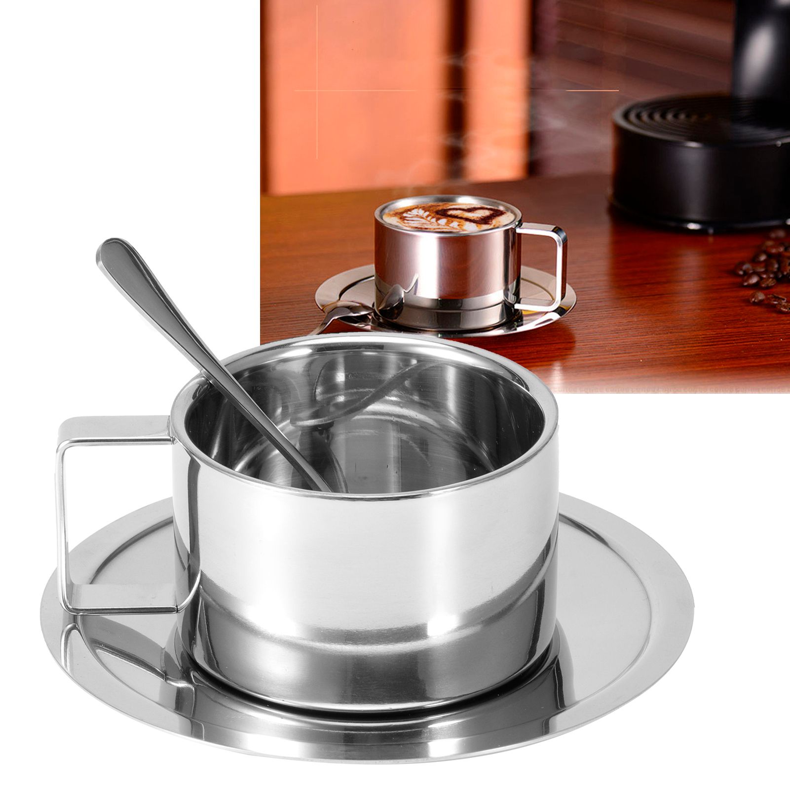 3Pcs/Set 304 Stainless Steel Coffee Cup Double Wall Coffee Mug Spoon Saucer view 10