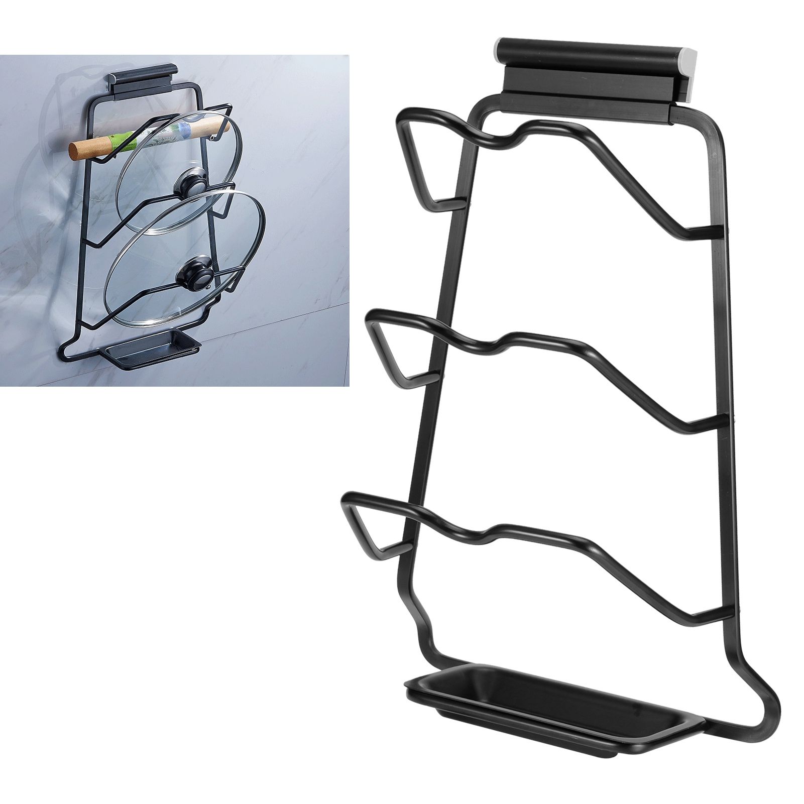 Black Wall Mounted Pot Lid Storage Rack Cutting Board Stand Organizer Kitchen view 9