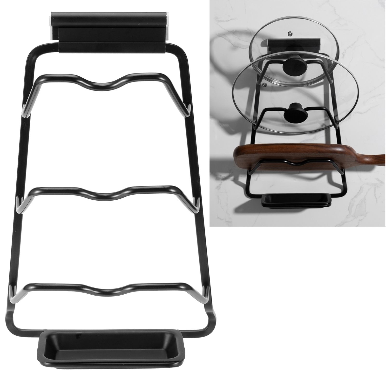 Black Wall Mounted Pot Lid Storage Rack Cutting Board Stand Organizer Kitchen view 10
