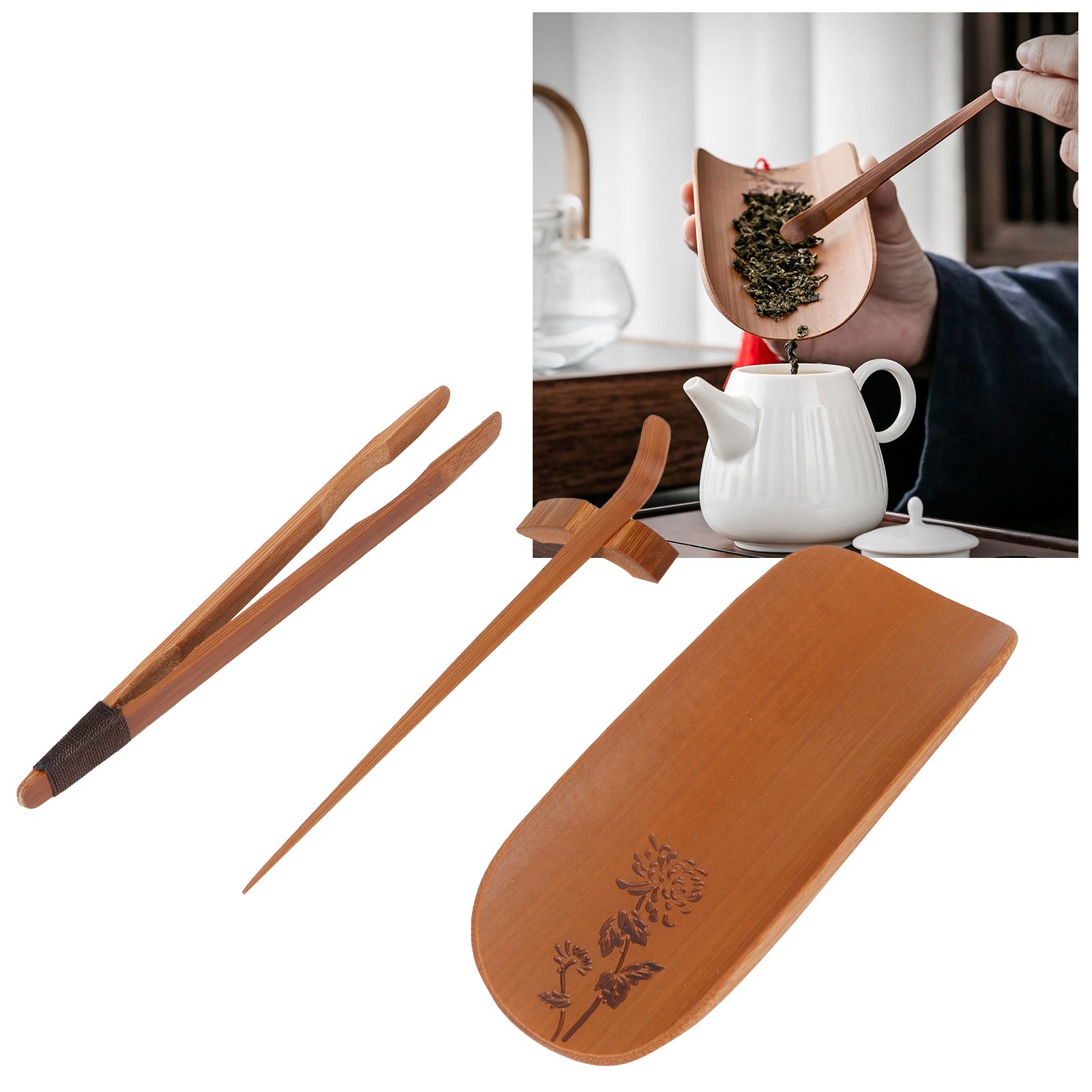 4Pcs set Tea Scoop Set Bamboo Hand Made Carving Tea Accessories Tearoom view 9