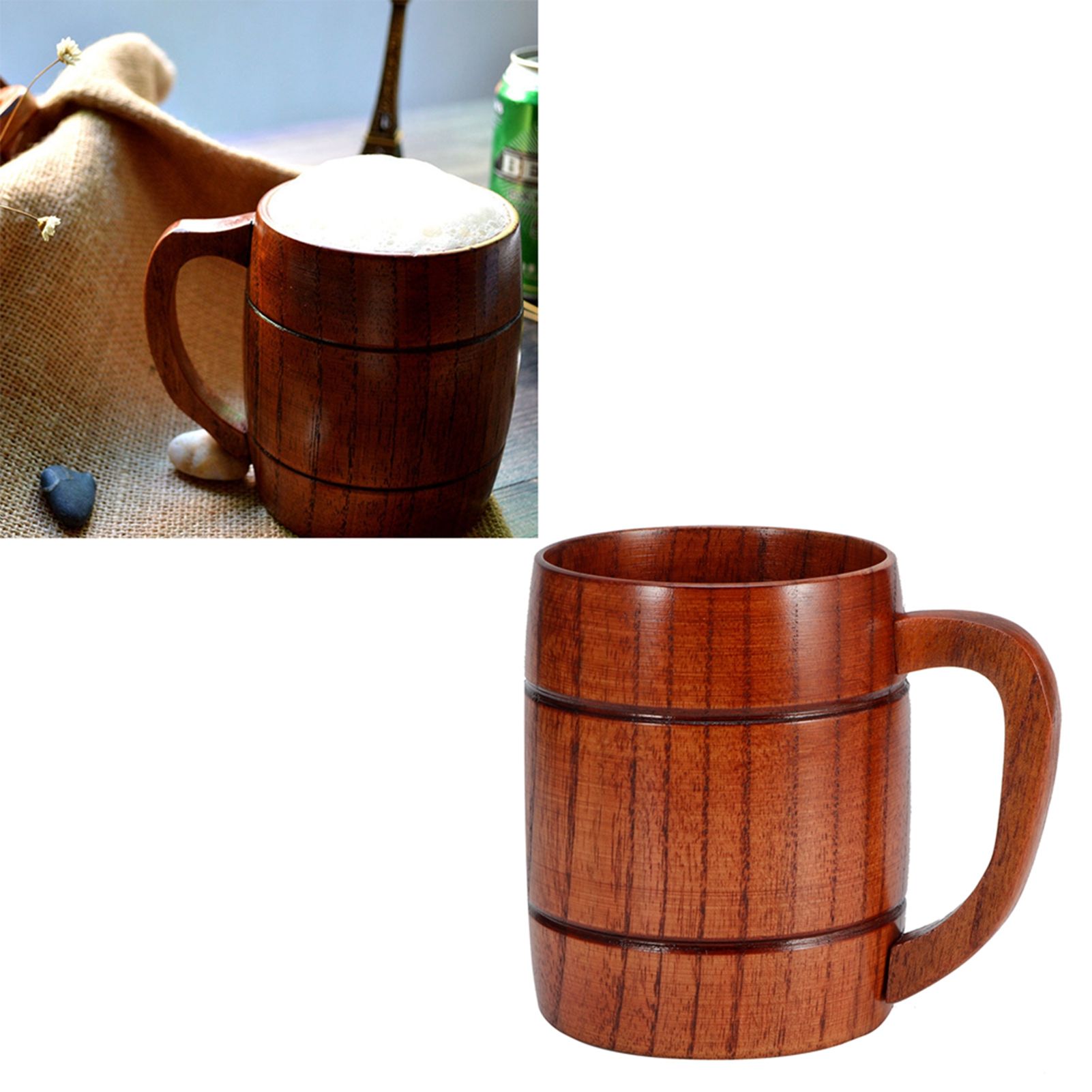 Wooden Beer Mug with Handle Water Wine Tea Coffee Drink Cups Dinnerware view 9