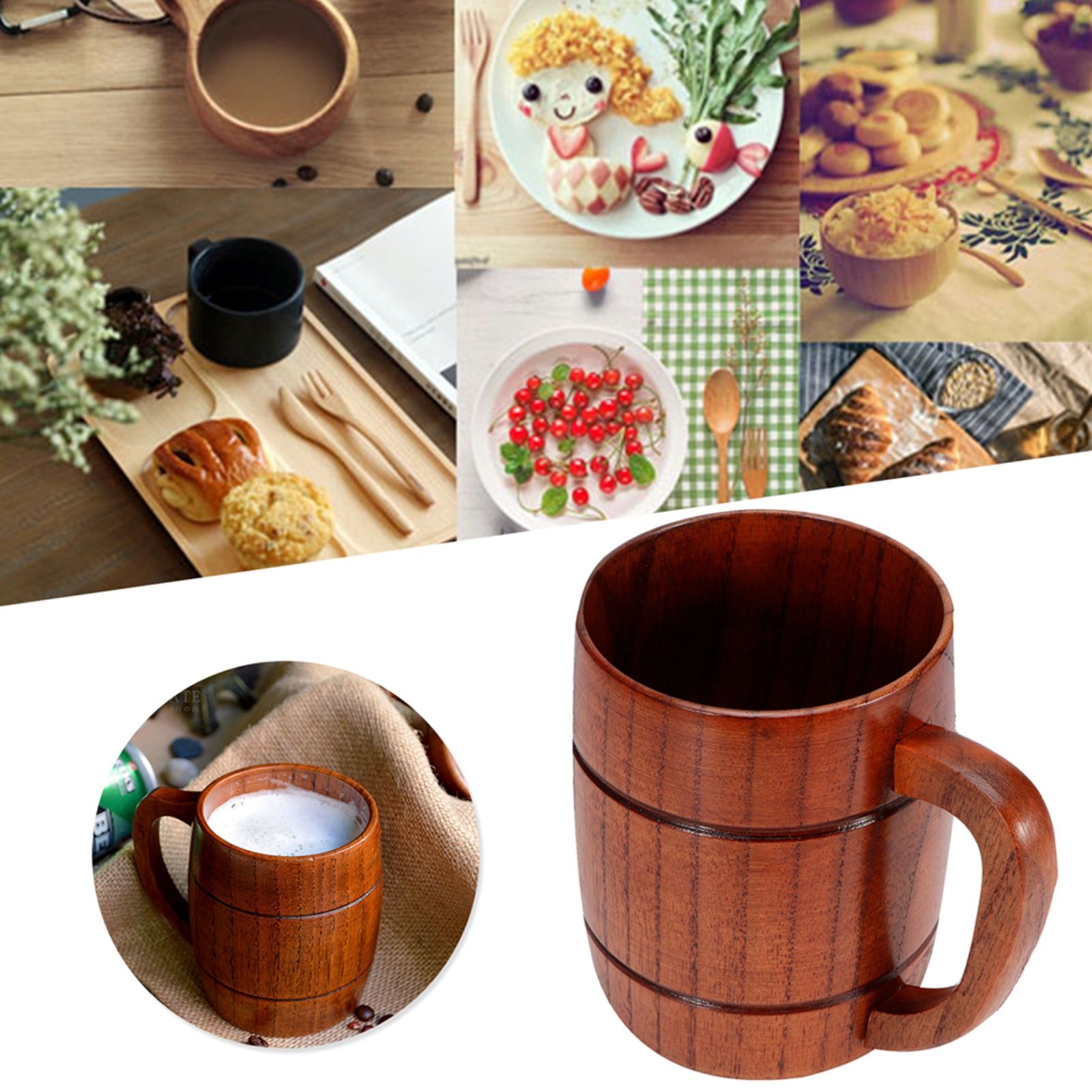 Wooden Beer Mug with Handle Water Wine Tea Coffee Drink Cups Dinnerware view 10