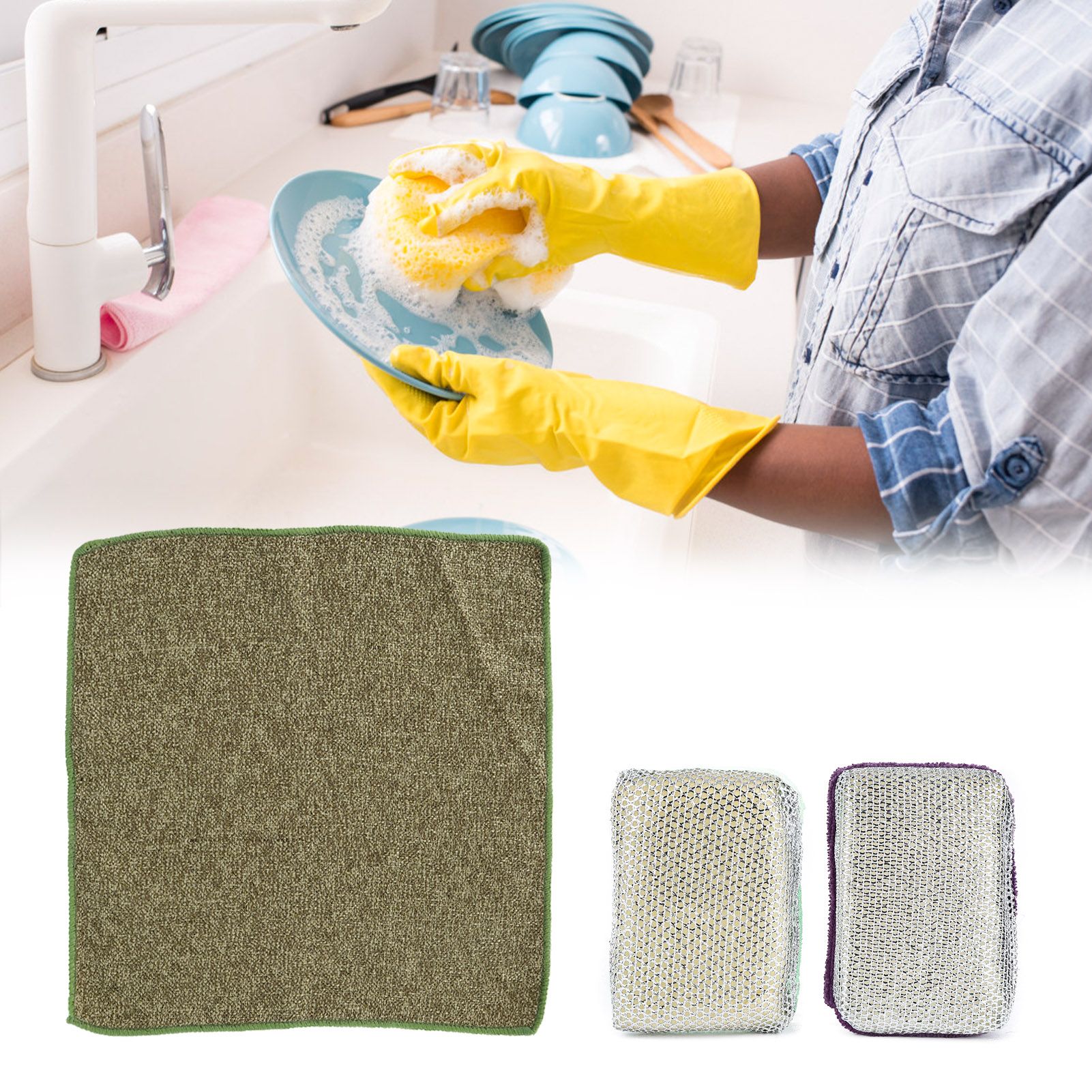 4 Sets Kitchen Washing Set Fiber Dishcloth Dishwashing Sponge Household Supplies view 9