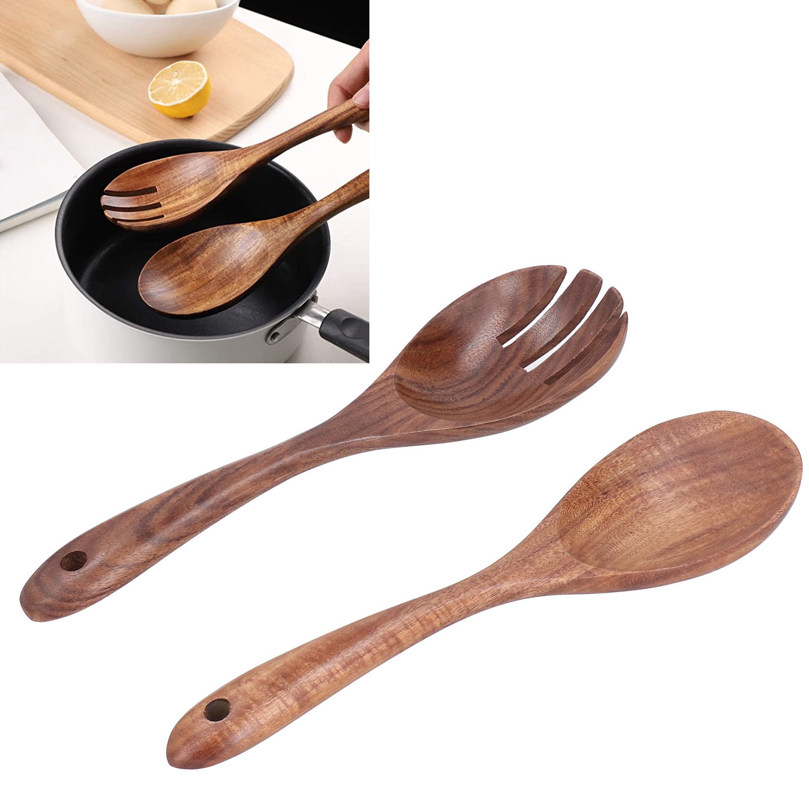 Acacia Wood Fork and Spoon Set Salad Toss and Mix Servers Cooking Spoon Spork Set view 9