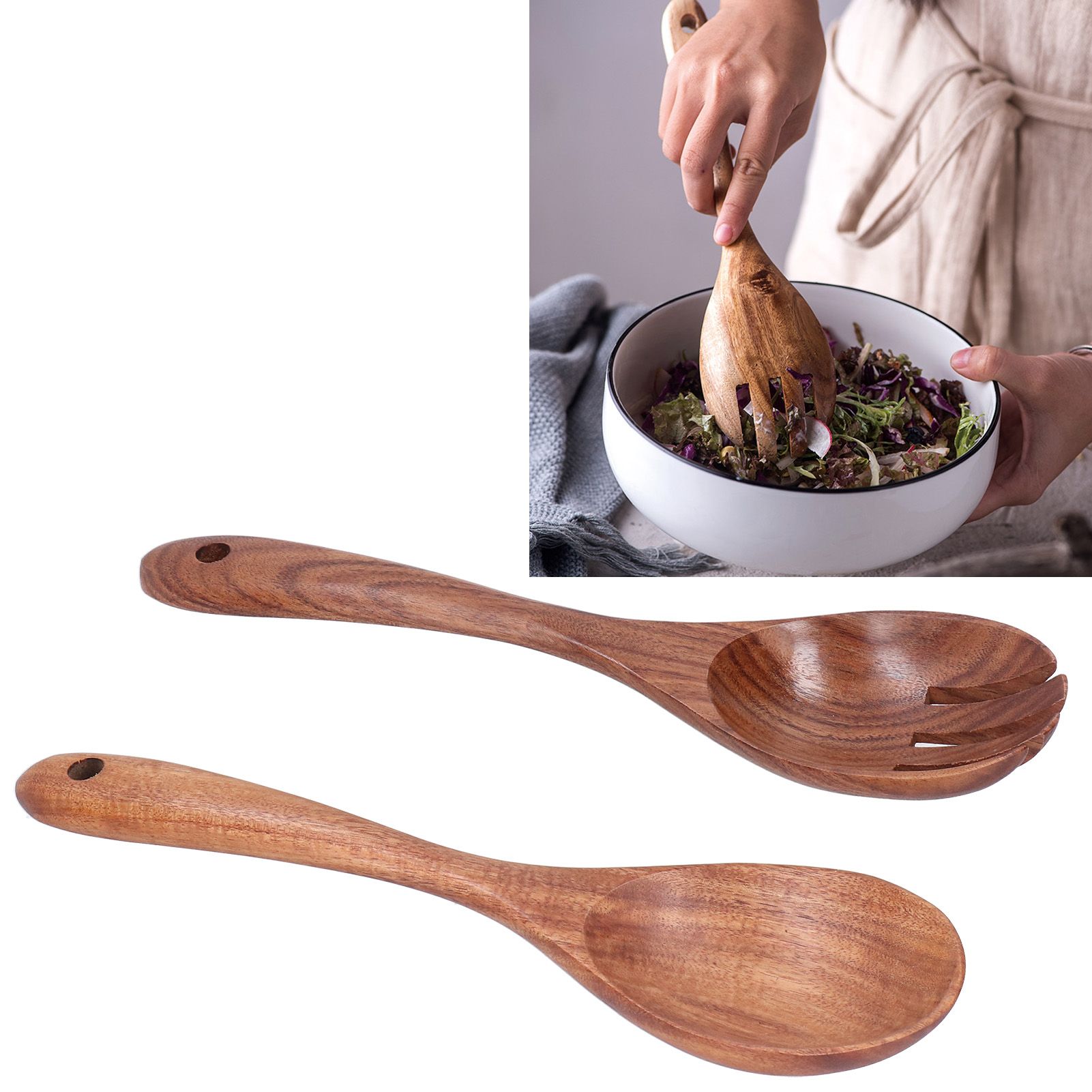 Acacia Wood Fork and Spoon Set Salad Toss and Mix Servers Cooking Spoon Spork Set view 10