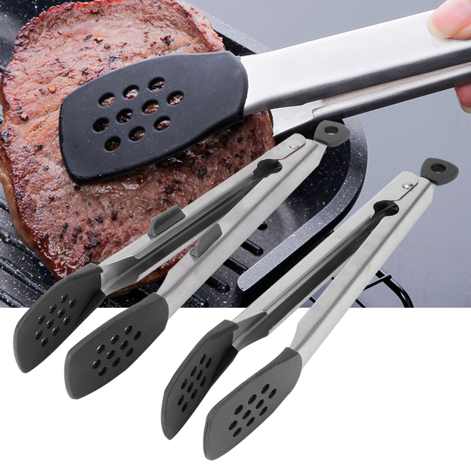 2pcs Food Tong Stainless Steel Steak Clip Silicone Salad Barbecue Stencils view 10