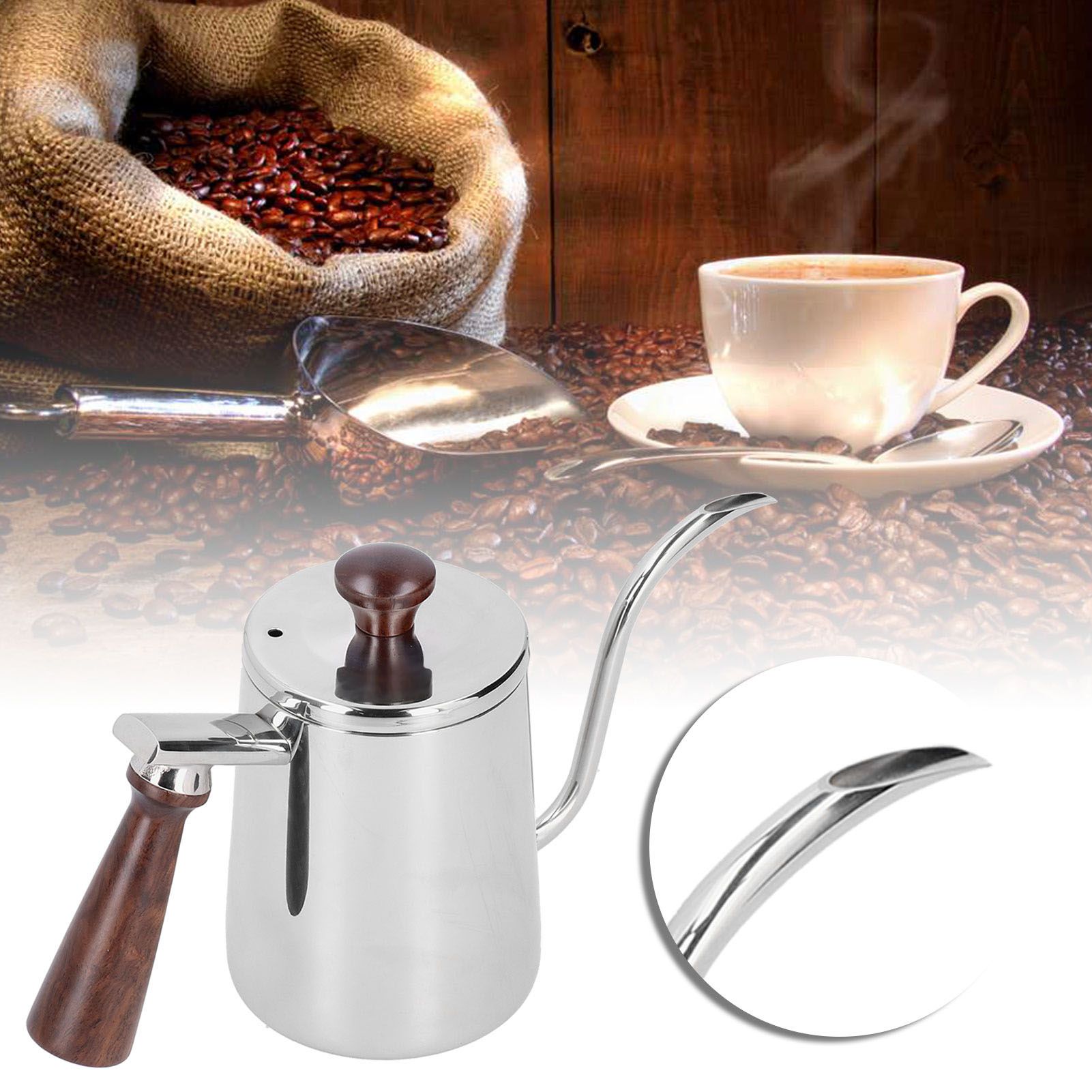 Portable Stainless Steel Coffee Pot with Wooden Handle Long Gooseneck Spout view 9