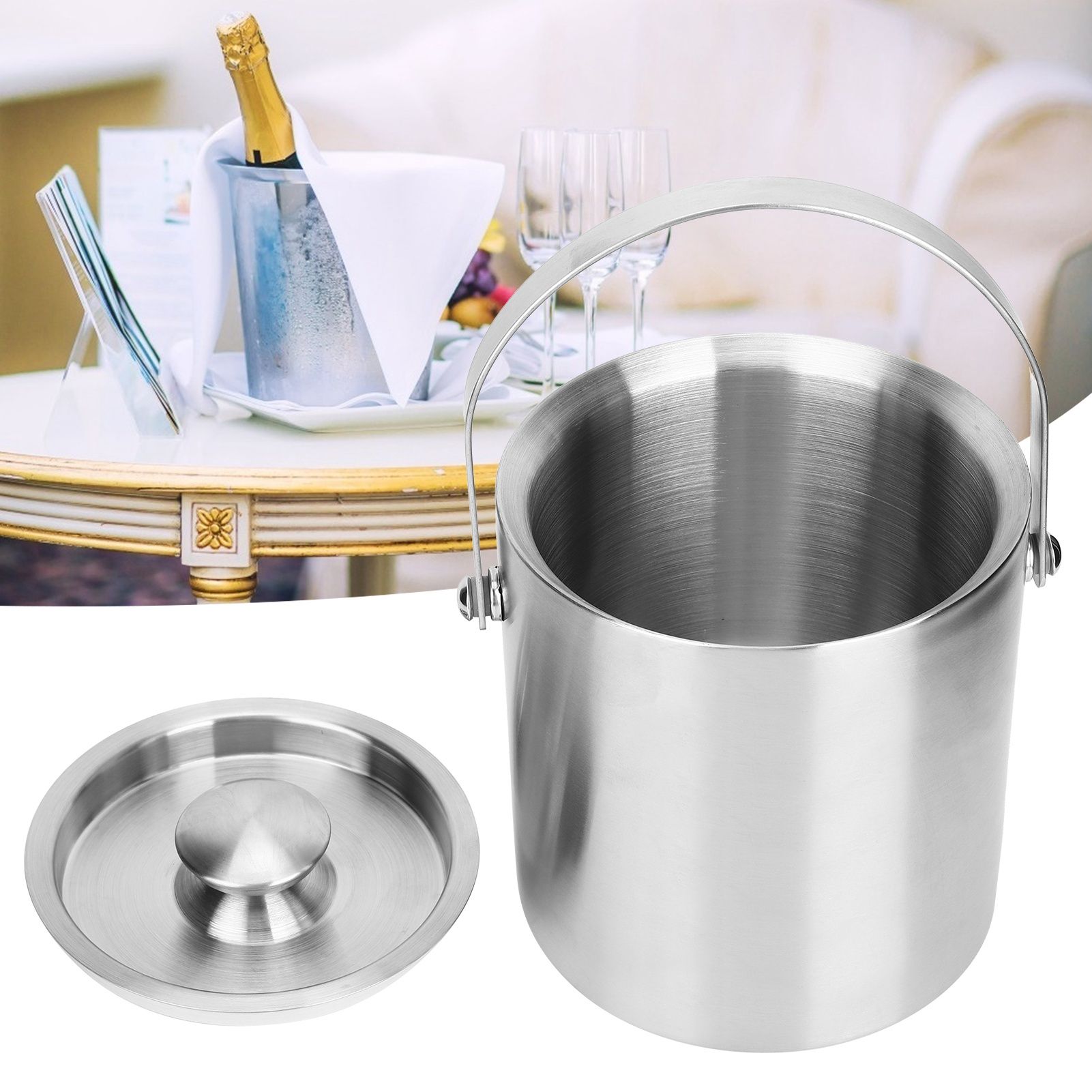 Ice Bucket with Lid Stainless Steel Double Layer Wine Champagne Barrel Bar view 10