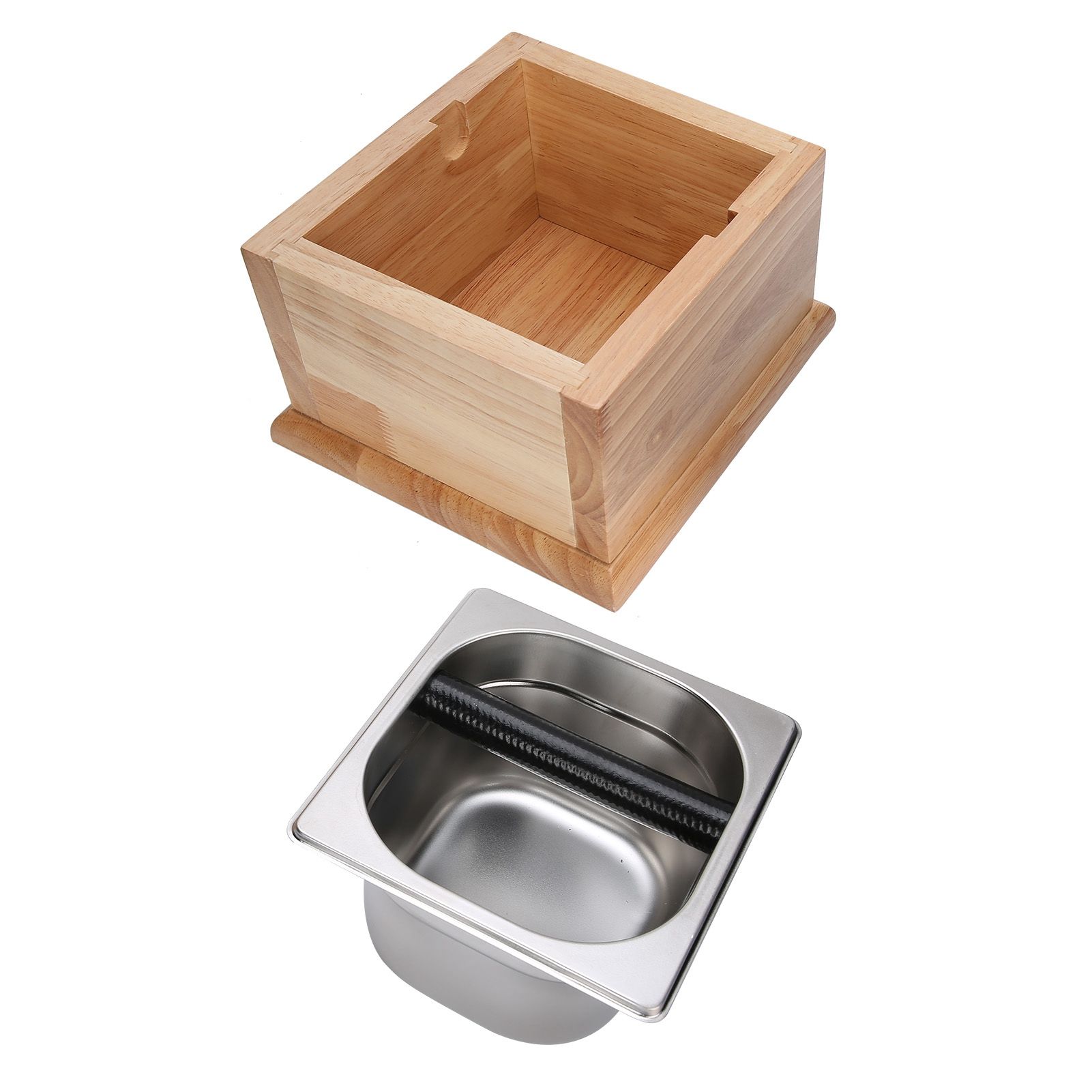 Knock Box Stainless Steel Coffee Grounds Container Waste Bin with Wood Base